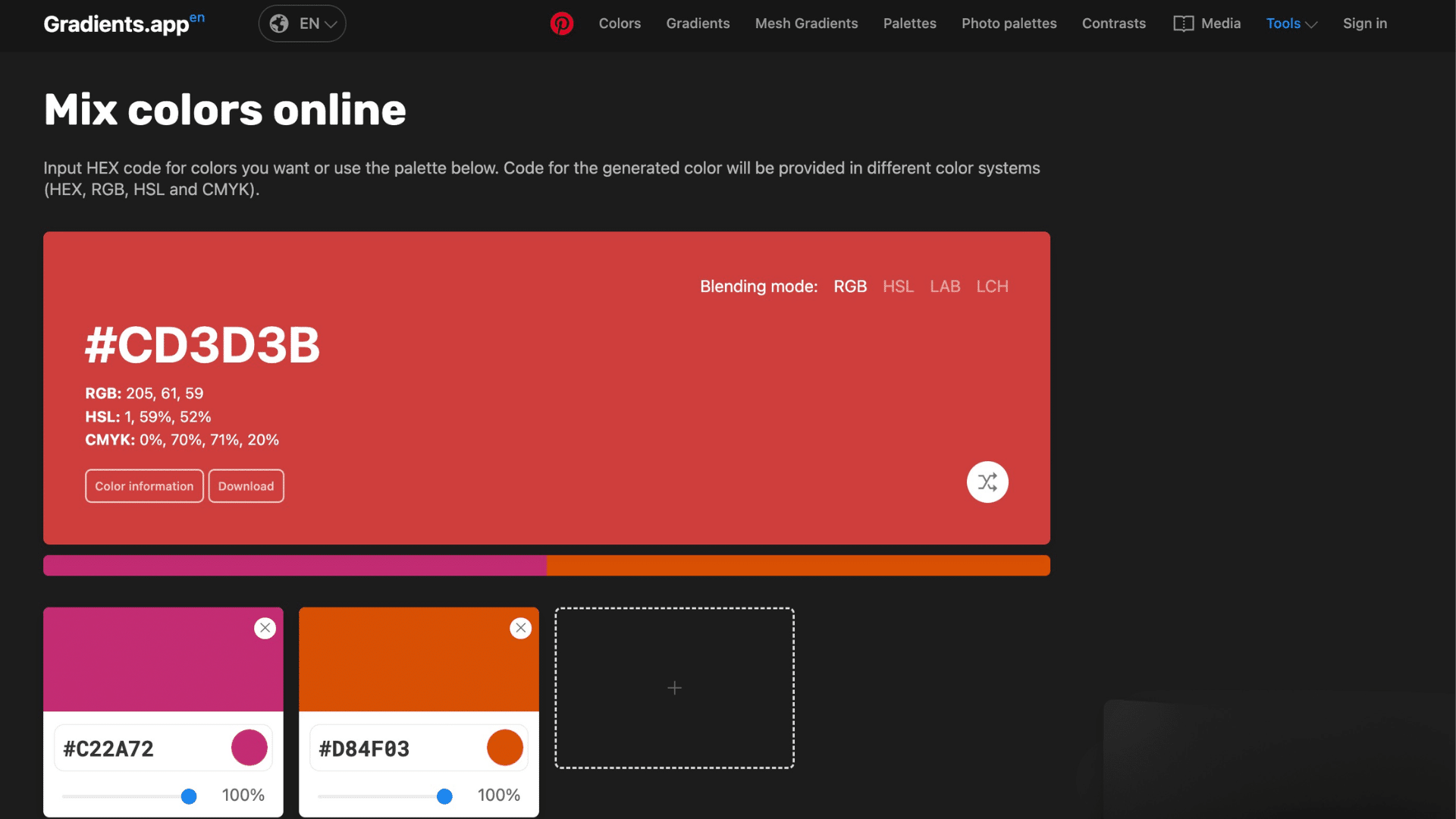 gradients app used for mixing colors showing hex codes blend modes and color cards in a dark interface