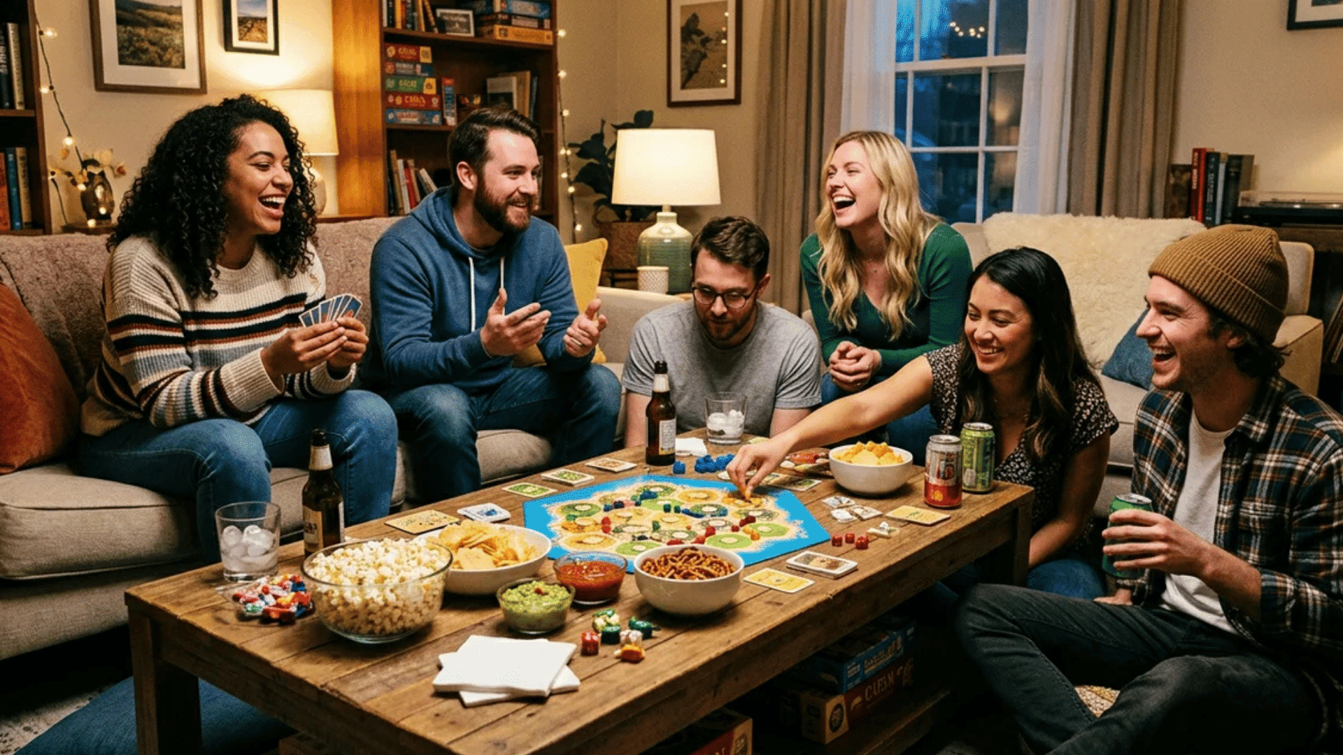group of friends gathered around table playing board game laughing with snacks and drinks in cozy living room with warm lighting