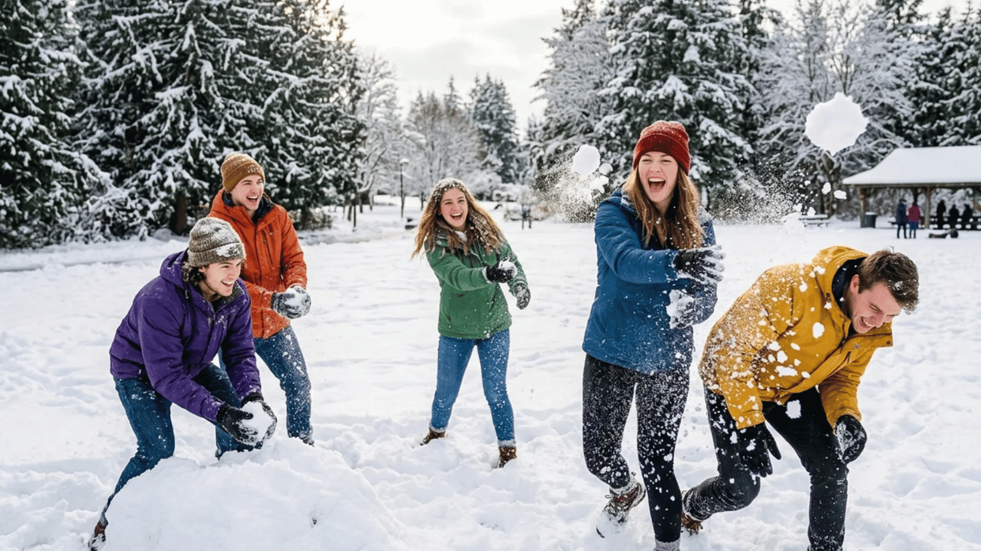 group of friends having snowball fight in snowy park laughing and throwing snow with trees and winter scenery in background