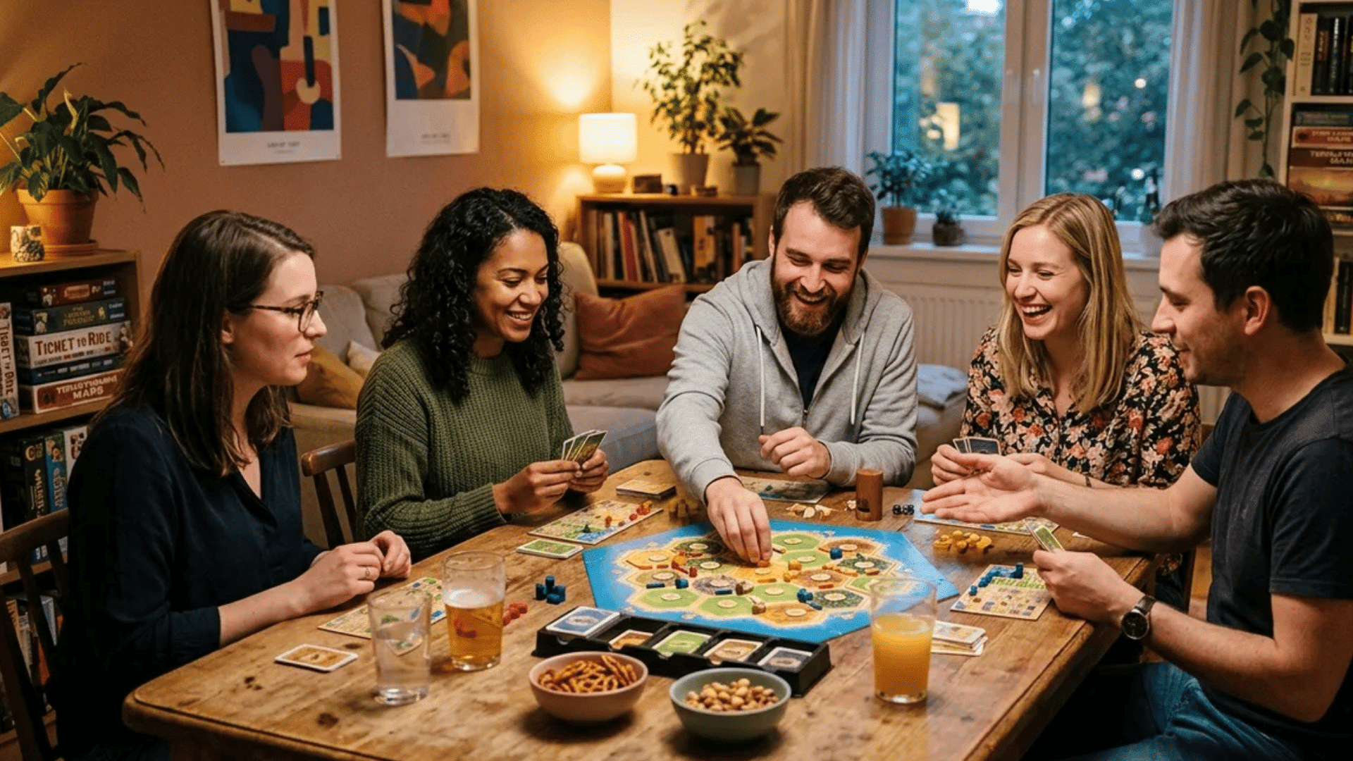 group of friends sitting around table playing board game with cards and pieces while laughing in cozy living room setting
