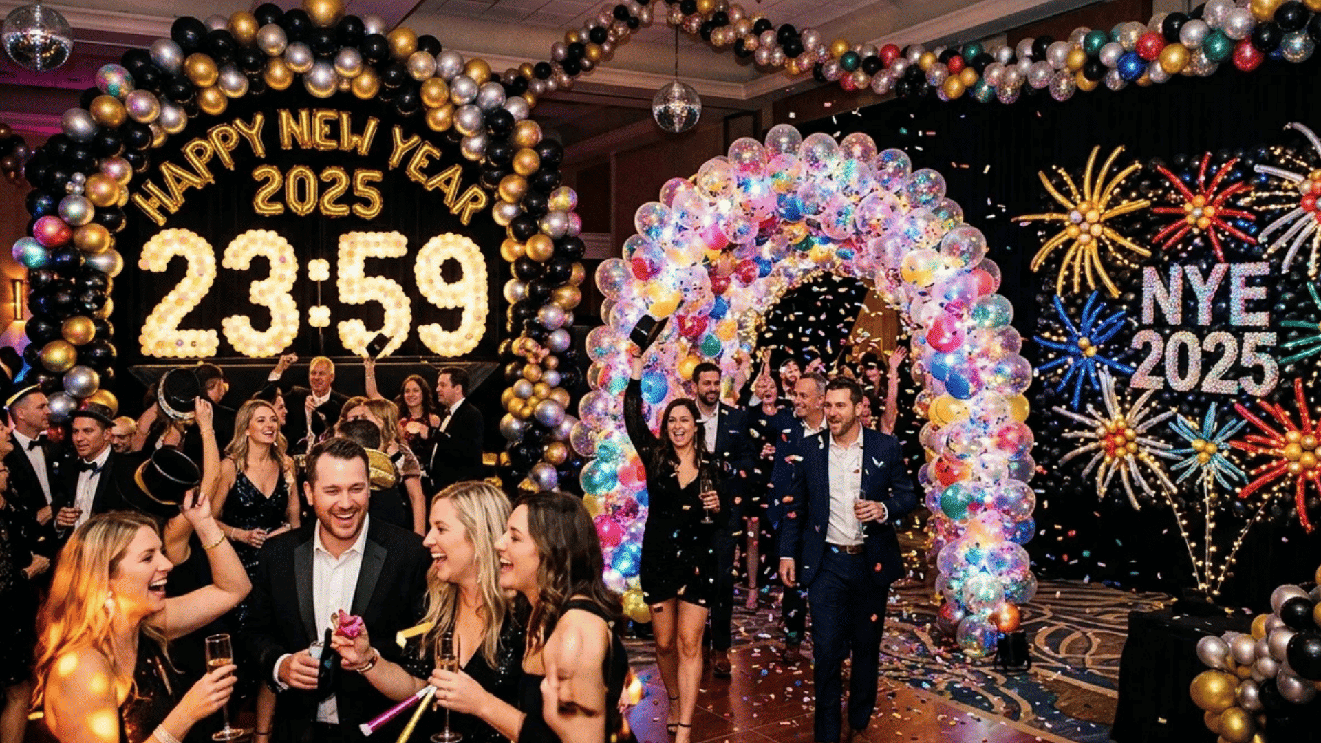 group of people celebrating new year party with balloons confetti and bright signs showing countdown and festive decorations