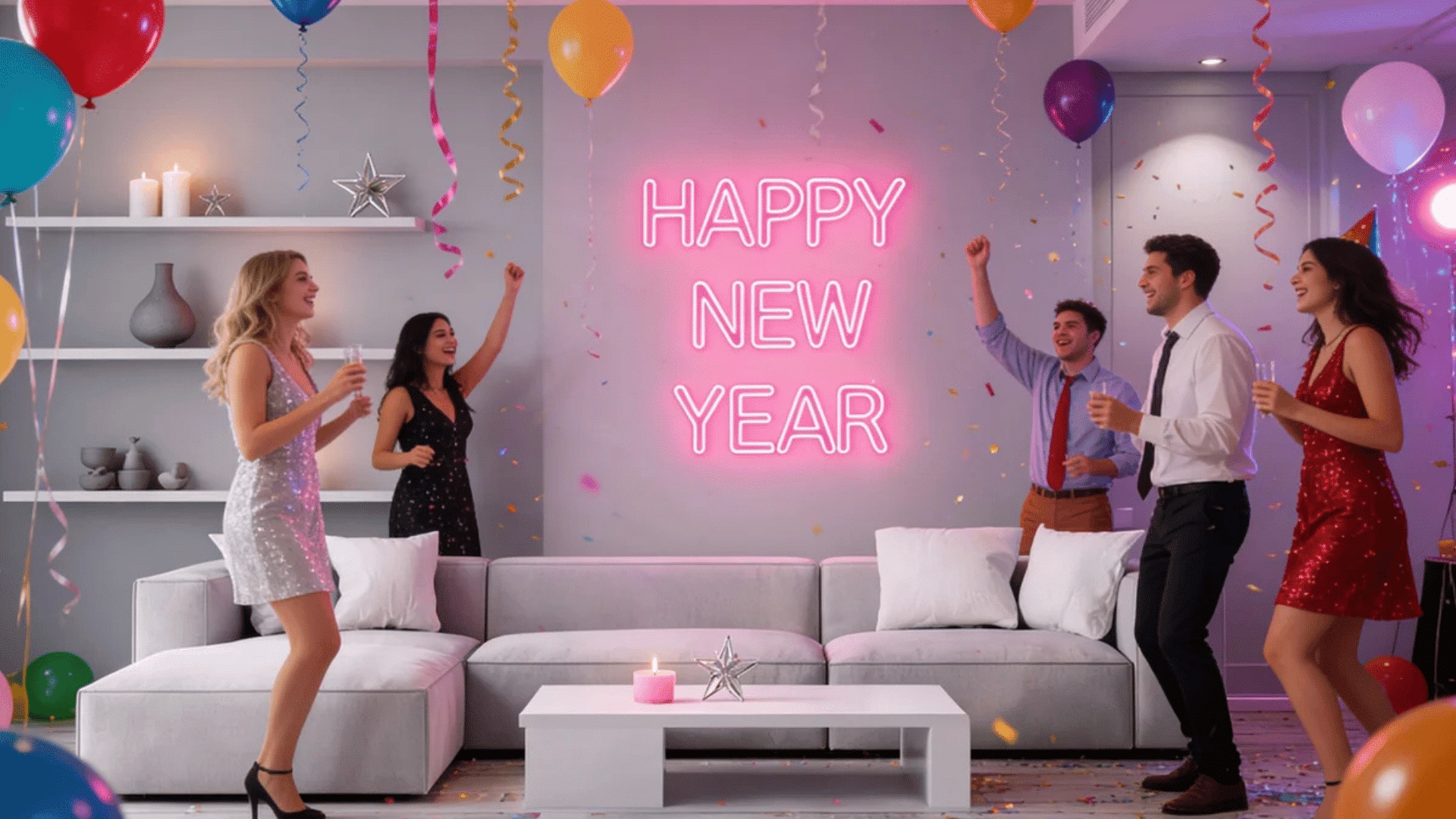 group of people dancing and celebrating with balloons confetti and bright happy new year sign on wall in living room