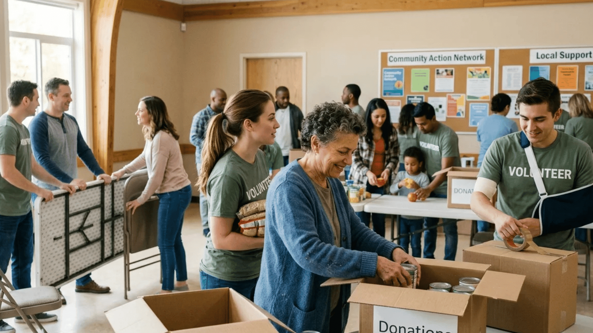group of volunteers packing donation boxes with food and supplies in community center while working together in organized indoor space