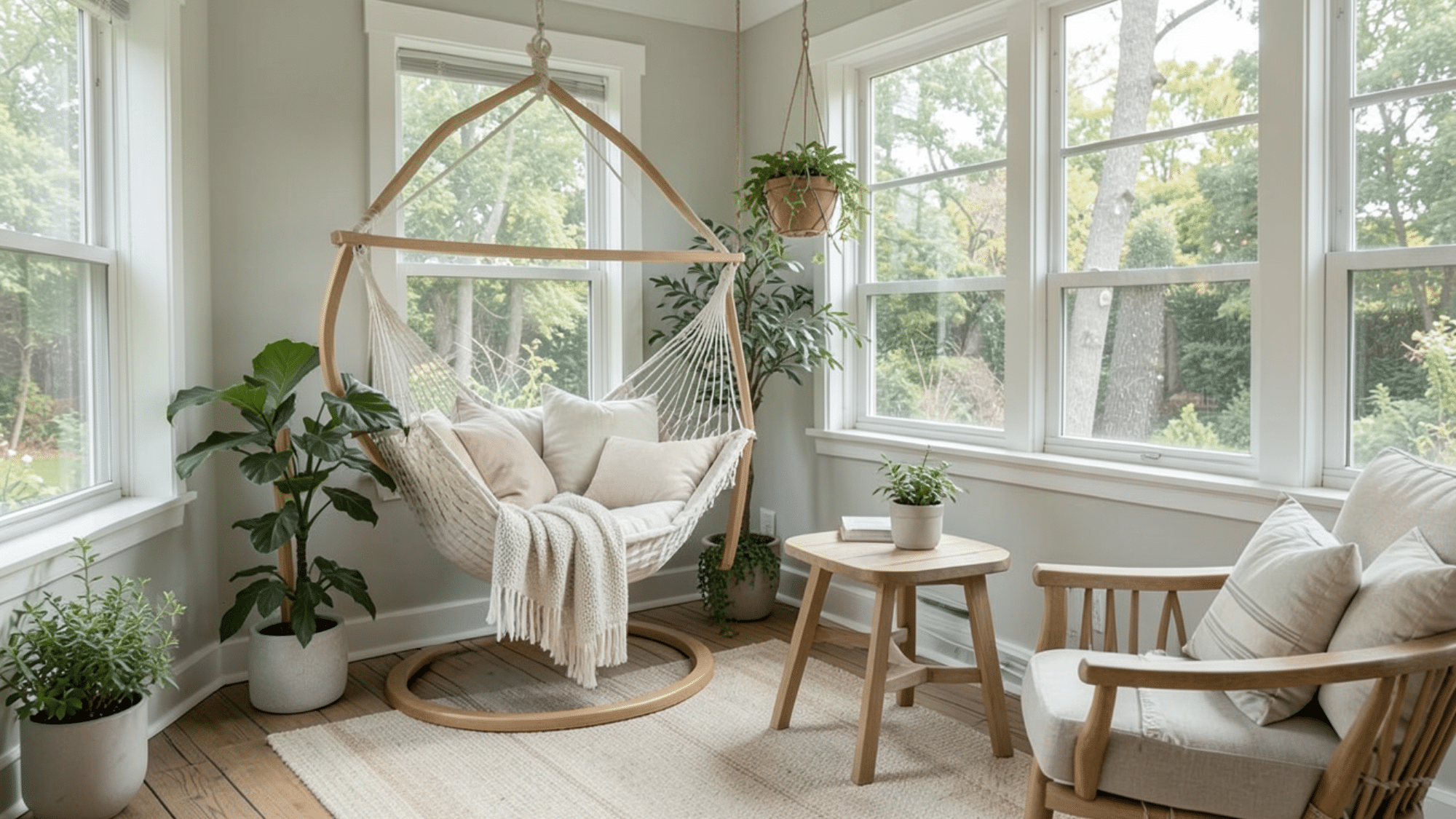 hammock chair adds a relaxed cozy vibe perfect enclosed porch ideas on a budget with calm inviting space