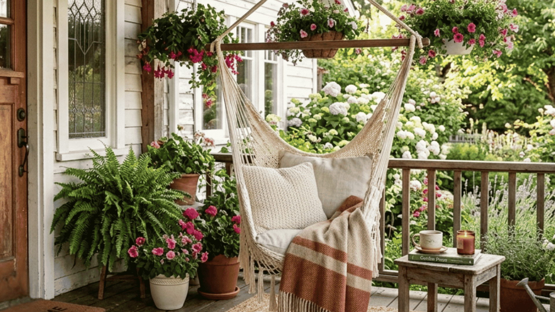 hammock chair with cushions and plants on a cozy porch a relaxing choice for front porch seating ideas