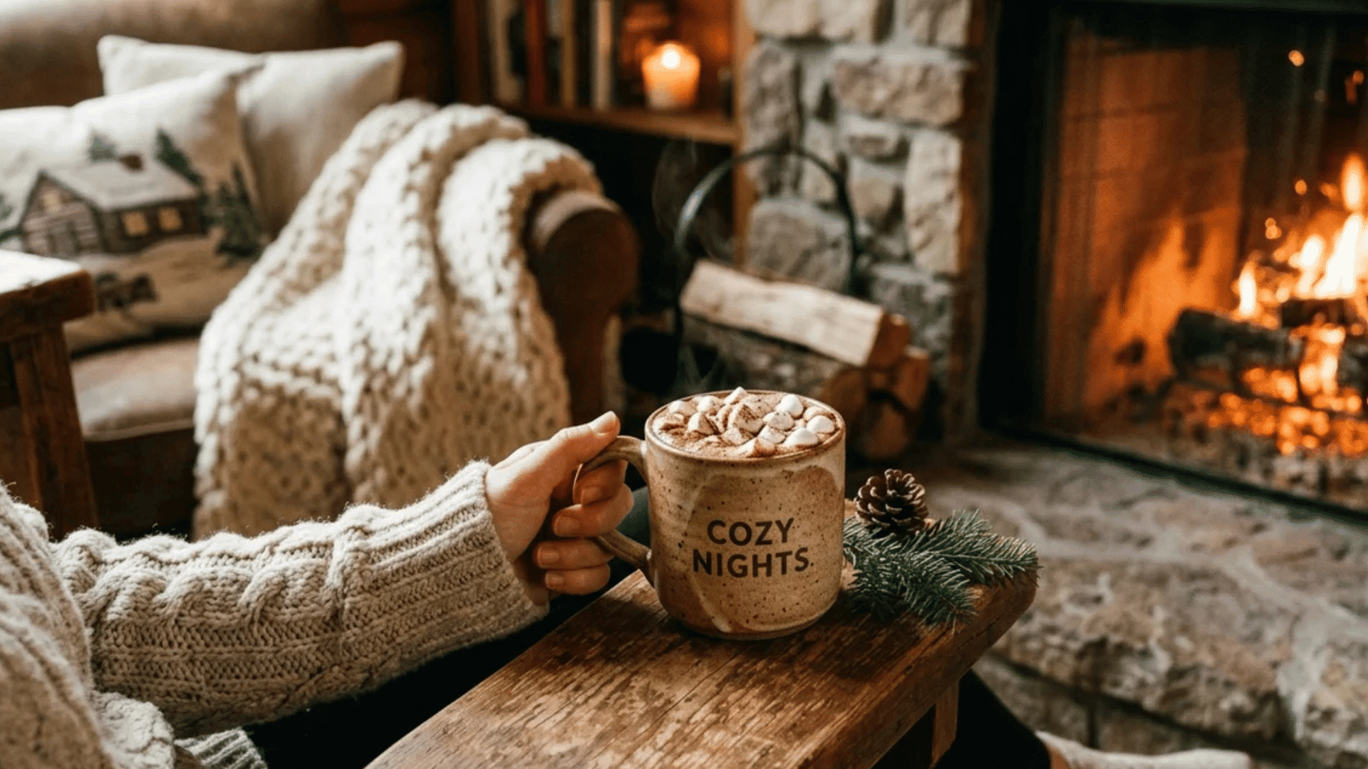 hand holding mug of hot drink with marshmallows beside lit fireplace in cozy living room with blanket and warm lighting