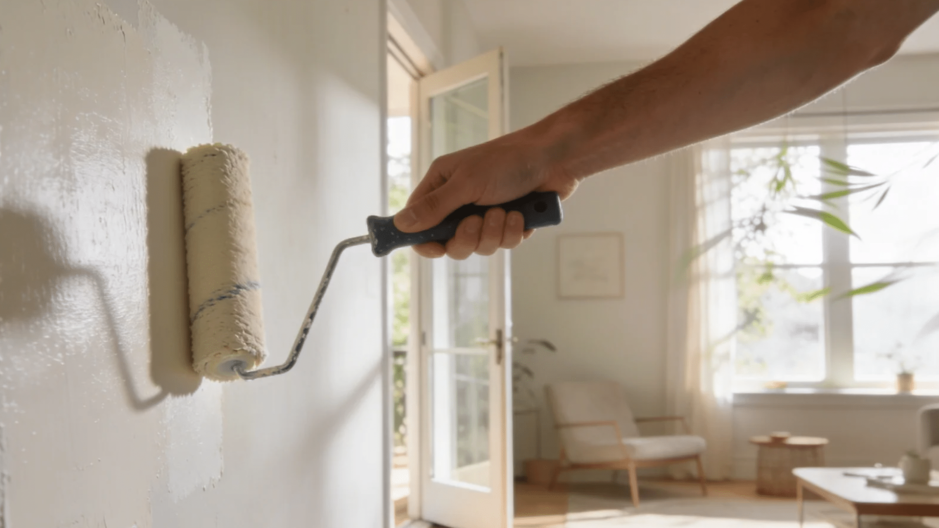 hand using roller to apply white paint on indoor wall in bright room showing smooth matte chalk paint finish