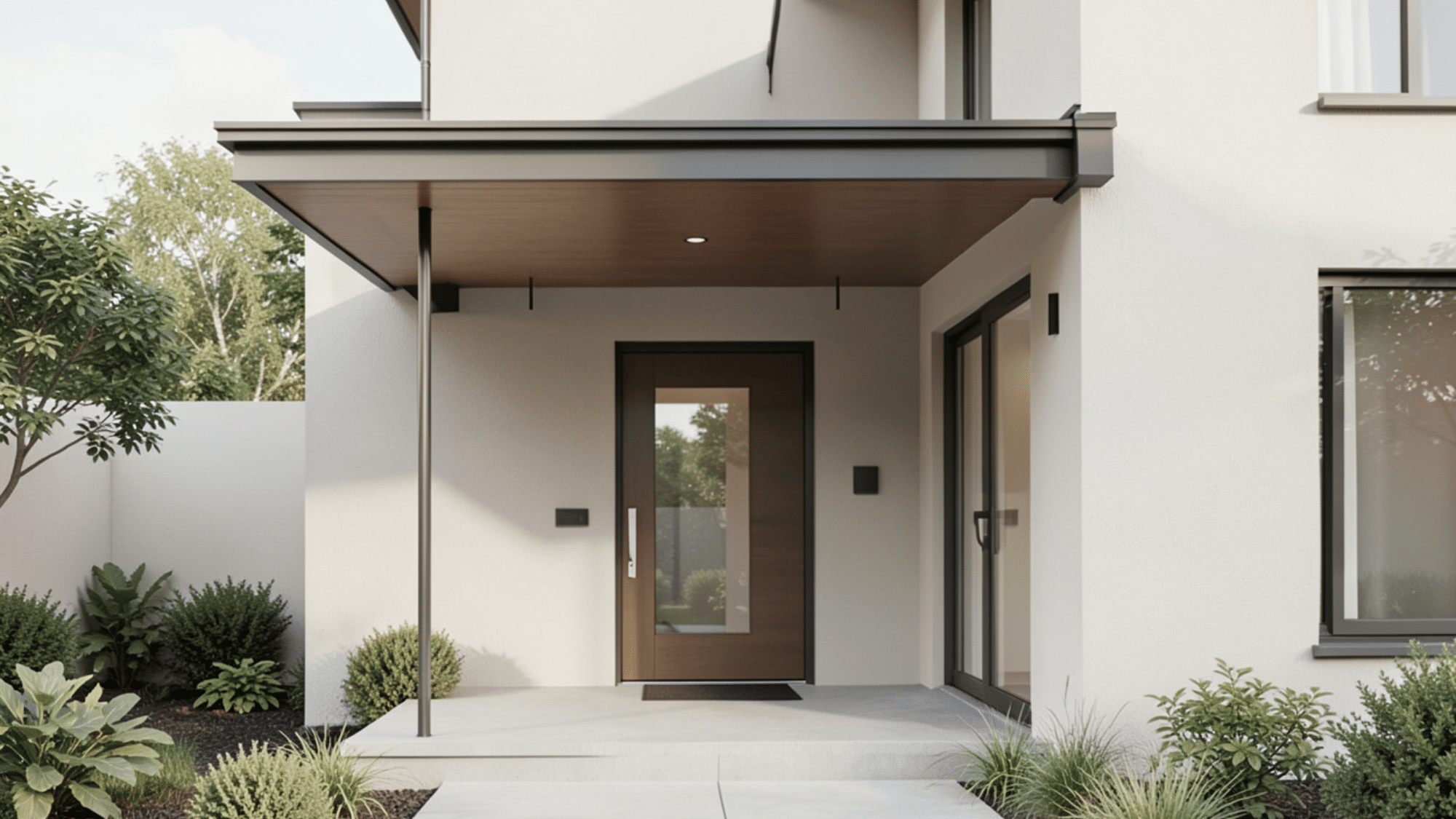 hanging rod supported design showcasing front porch overhang ideas with a floating roof sleek supports and a modern open entryway