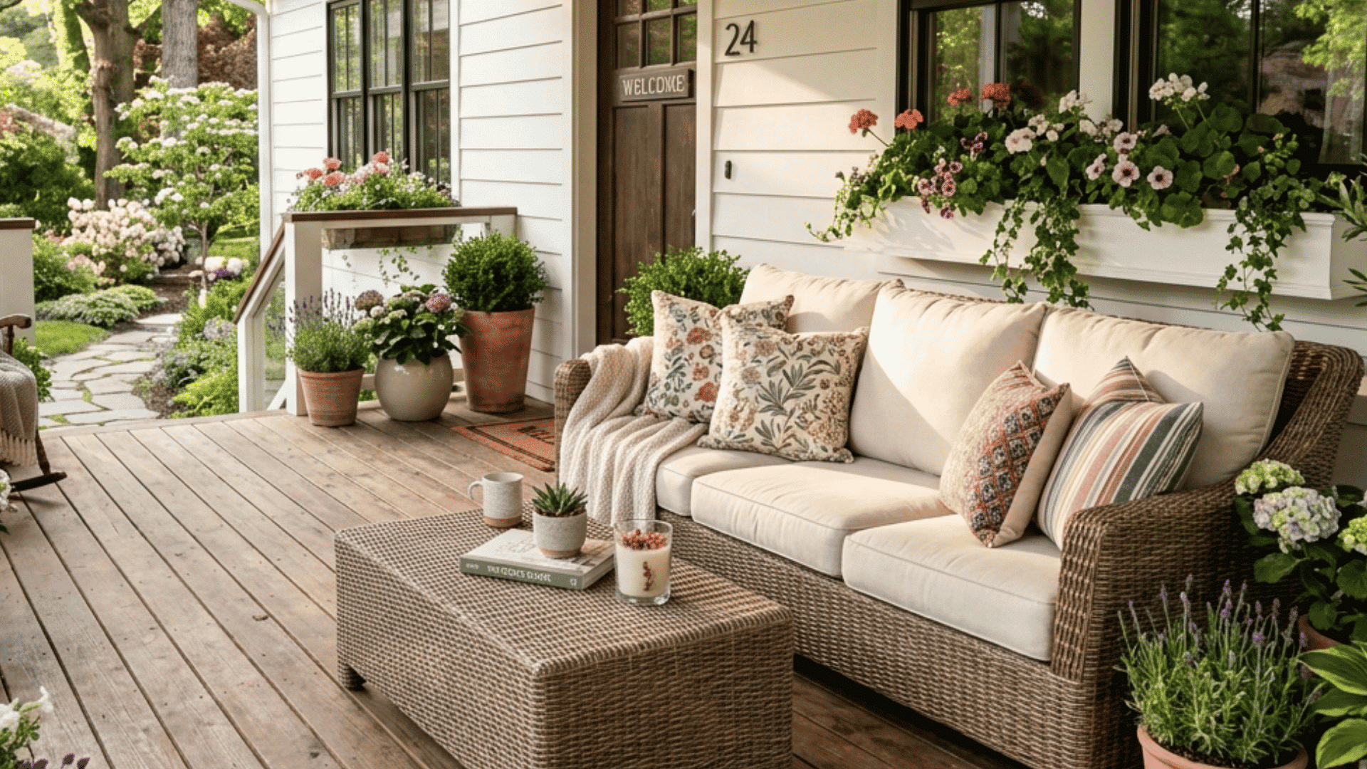 inviting front porch with wicker sofa blooming flowers and cozy seating surrounded by lush garden plants