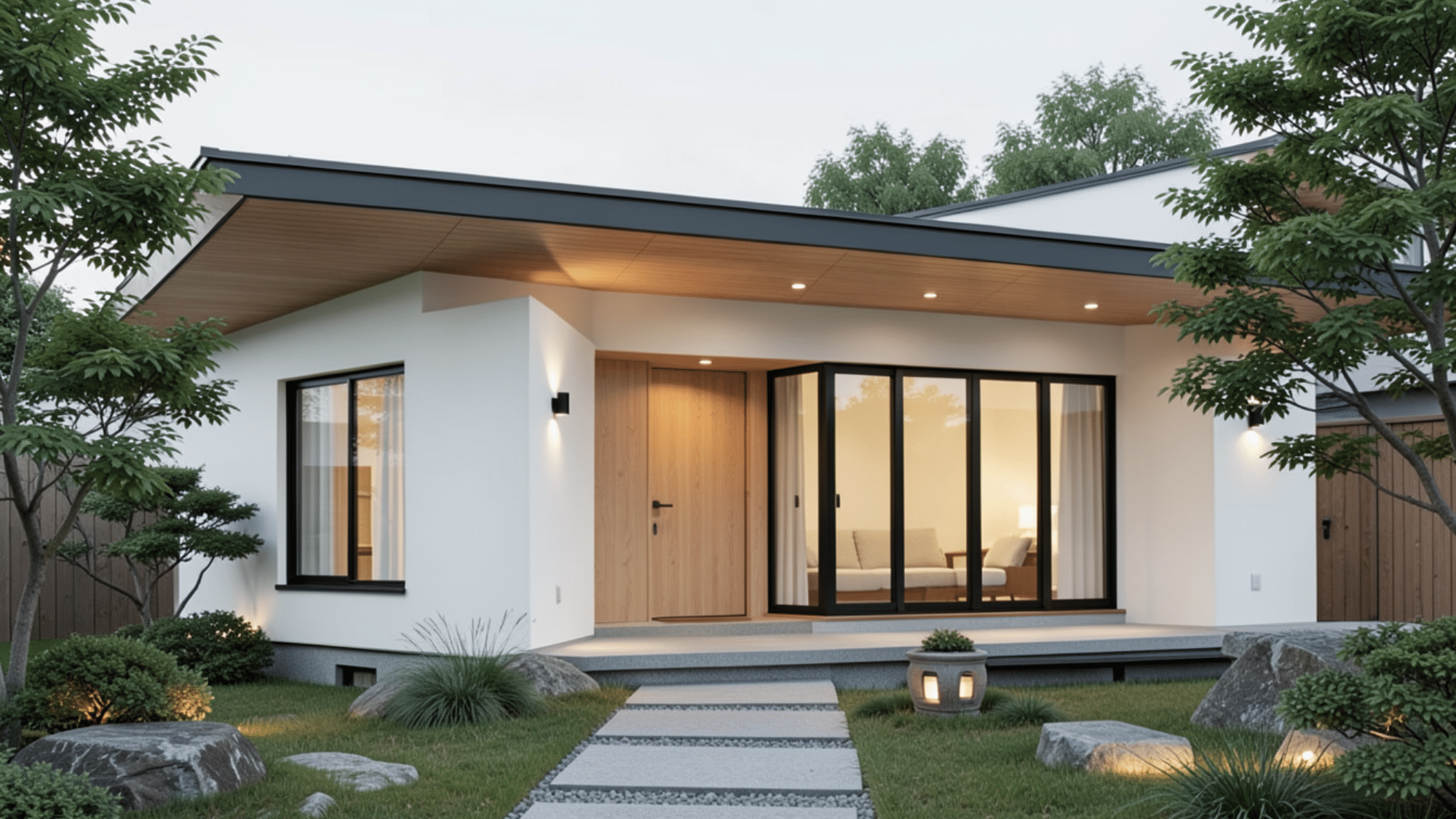 japanese inspired modern home with a sleek featuring serene front porch overhang ideas and Zen landscaping