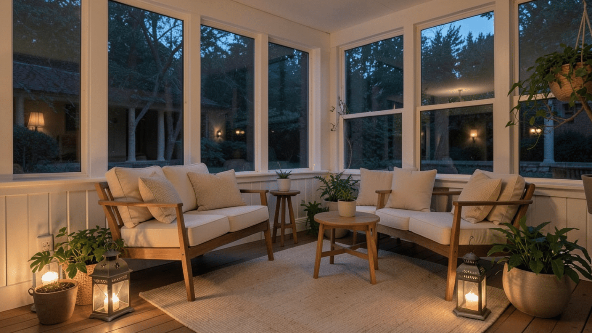 lantern lighting creates a warm cozy porch vibe perfect enclosed porch ideas on a budget for relaxing evenings