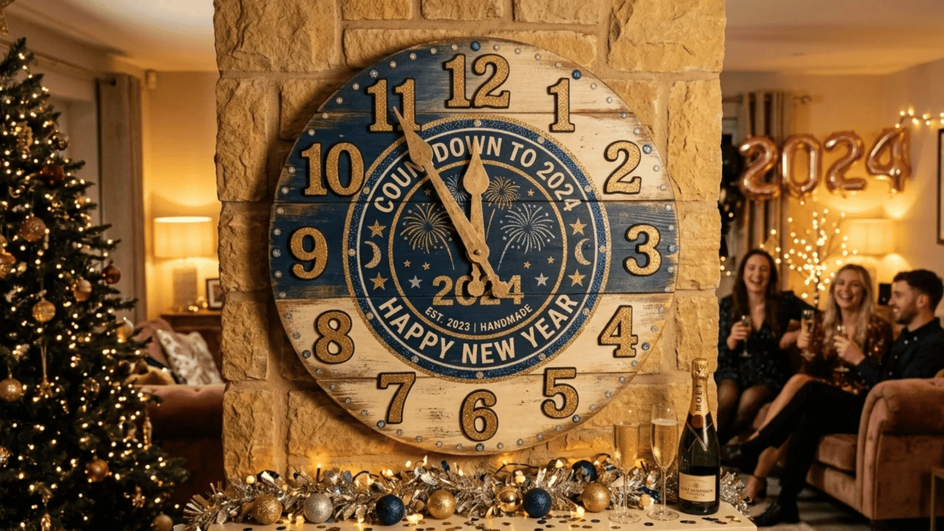 large wall clock showing countdown to new year in decorated living room at night