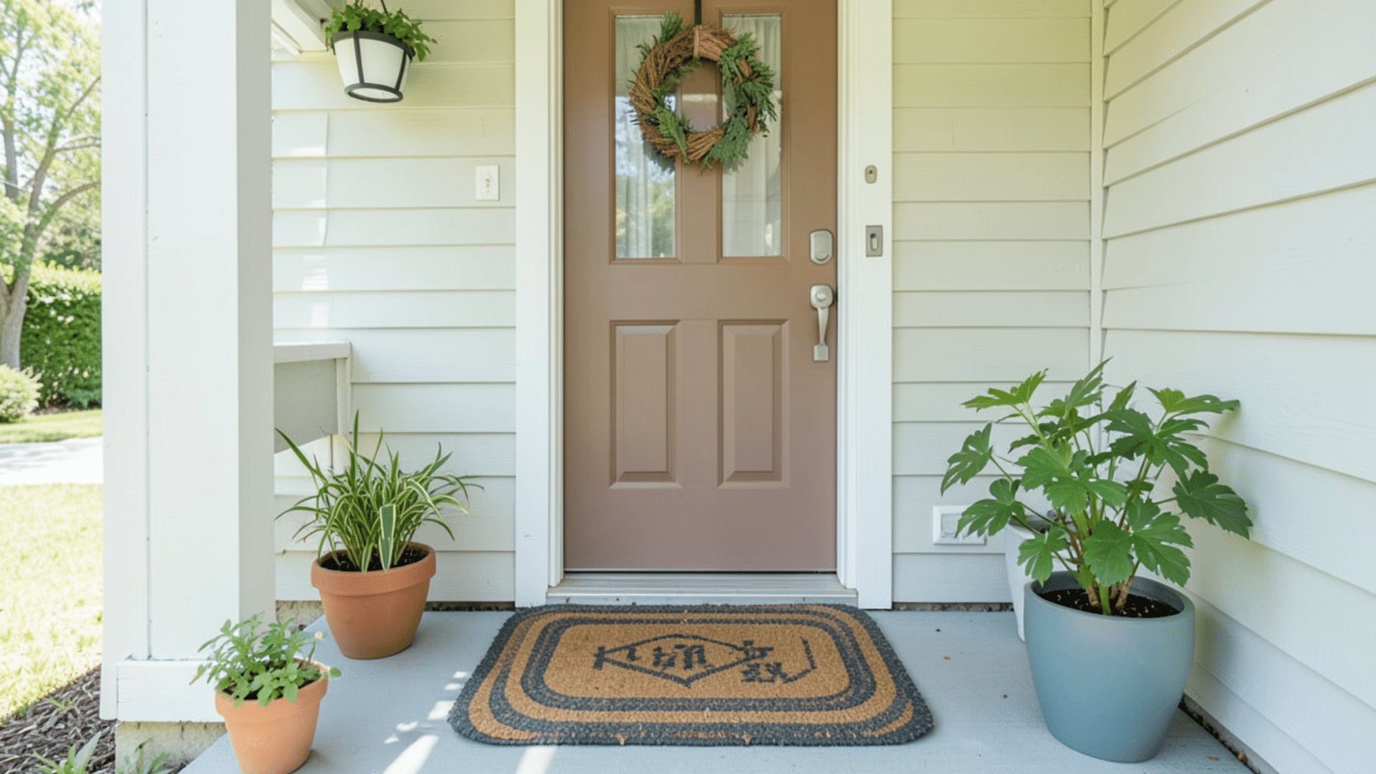 layered doormats with plants and wreath by the door simple and stylish front porch ideas for a welcoming entry