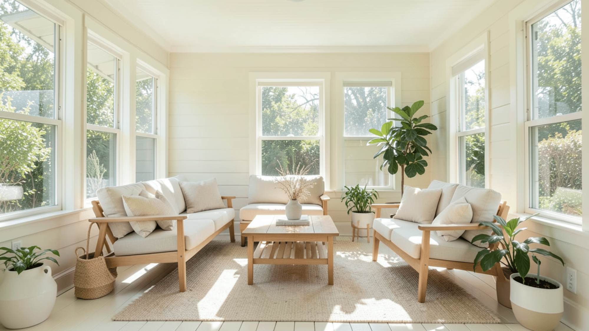 light paint enhances enclosed porch ideas on a budget with bright airy seating and natural sunlight