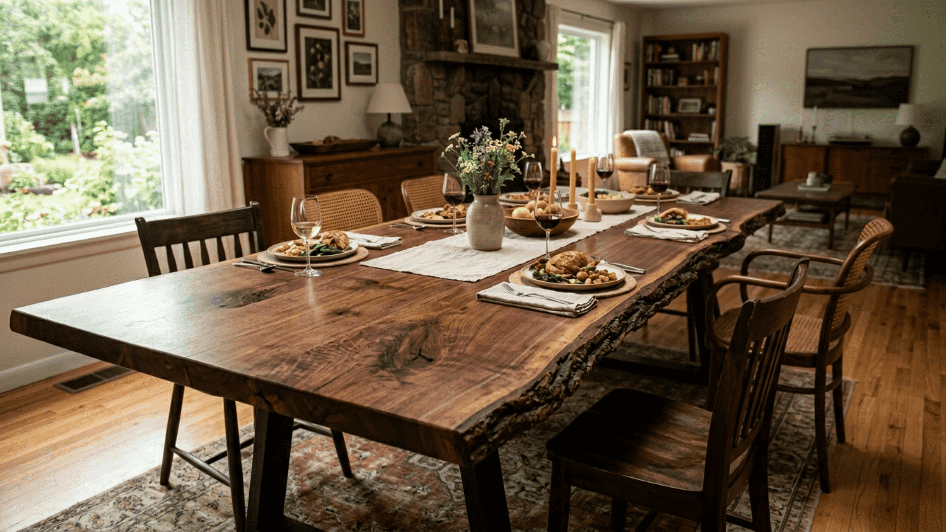 long wooden dining table with plated meals candles and flower vase in cozy living and dining space
