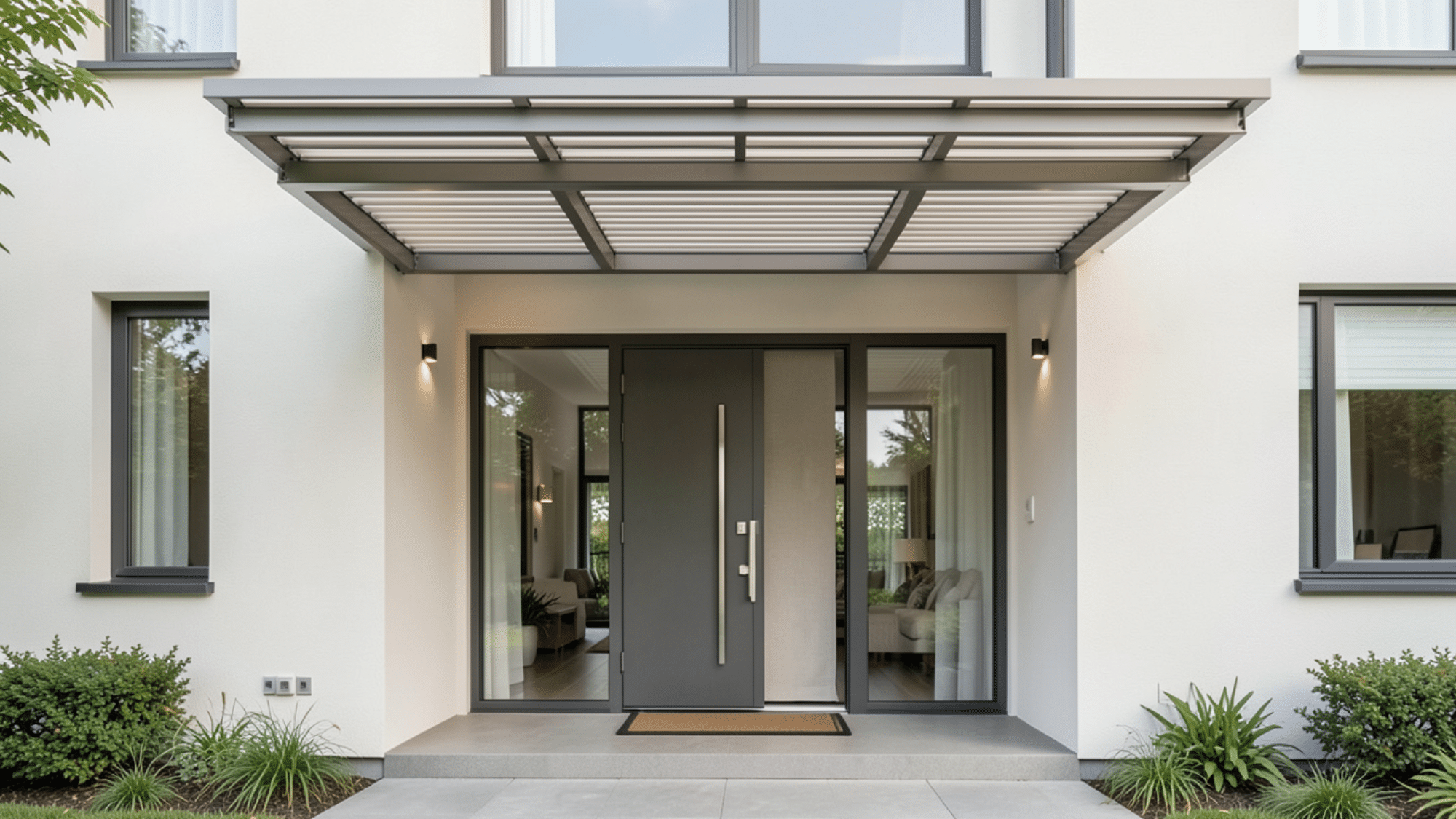 louvered roof design showcasing front porch overhang ideas with adjustable slats modern frame and a bright controlled entryway