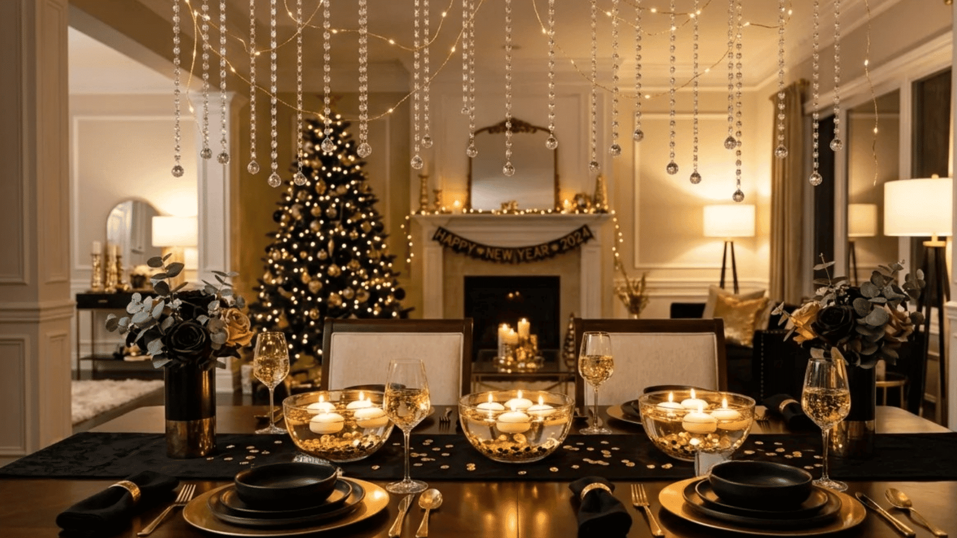luxurious dining table set with candles and glasses in a warmly lit room with decorated tree and hanging lights for celebration