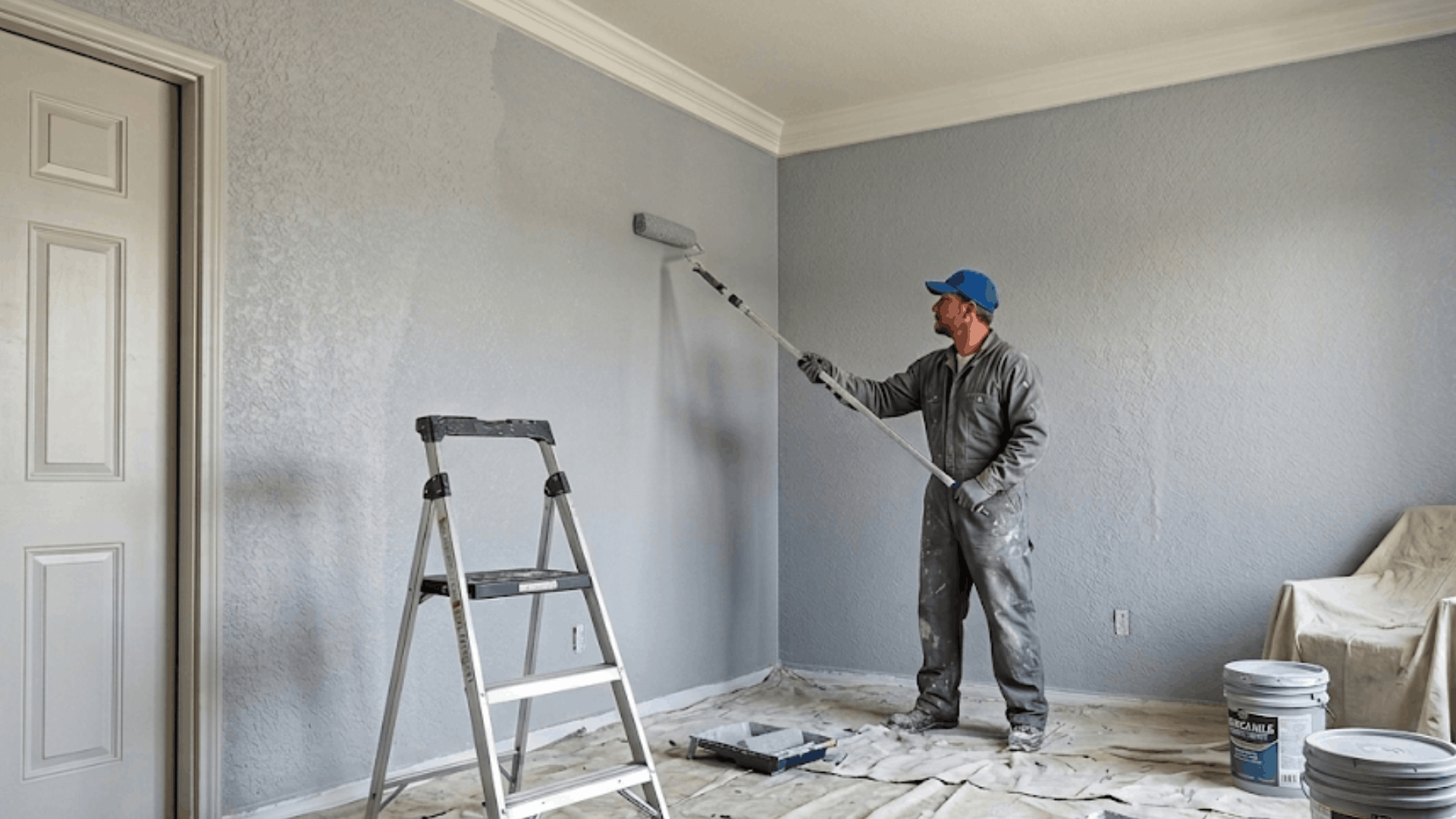 man painting interior wall with exterior paint using a roller while room covered with sheets (1)