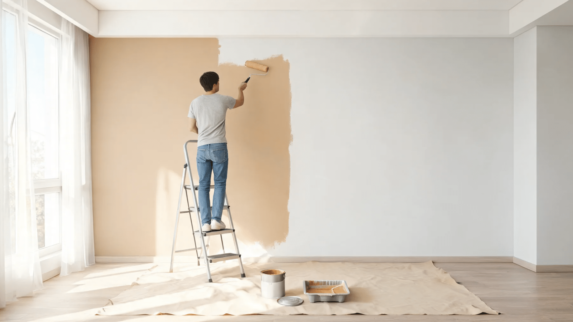 man standing on ladder painting a wall beige in a bright room with paint tray and bucket on floor