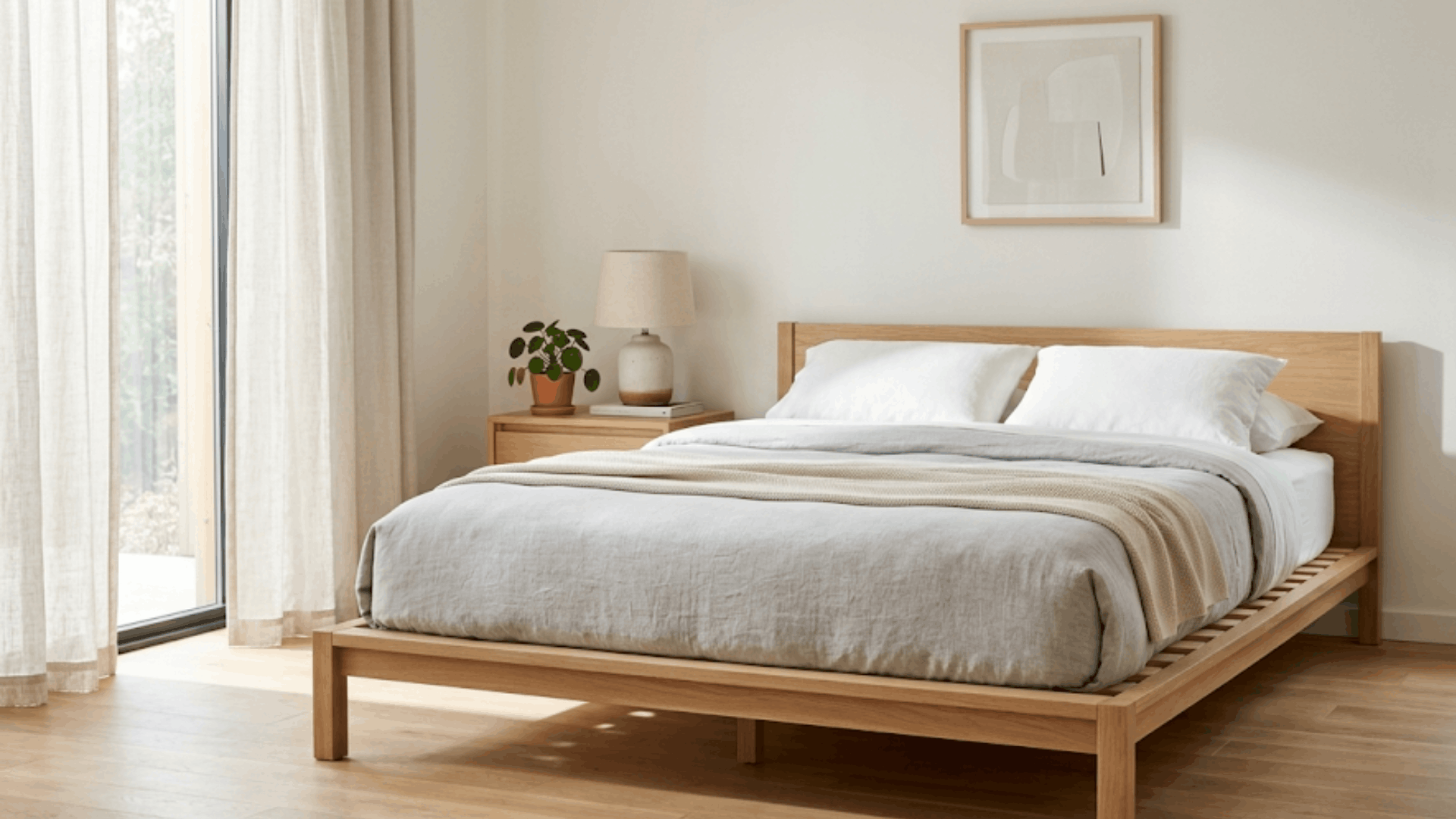 memory foam mattress placed on a platform bed with slatted base in a bright modern bedroom setting (1)