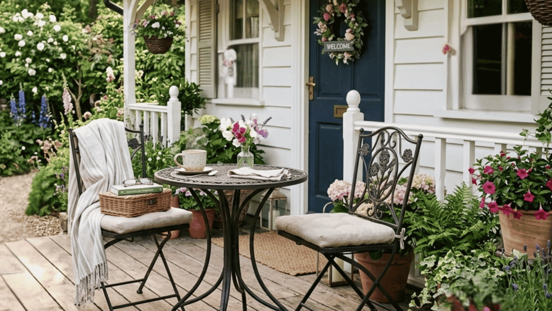 metal bistro set with table and chairs on a floral porch a charming pick for front porch seating ideas