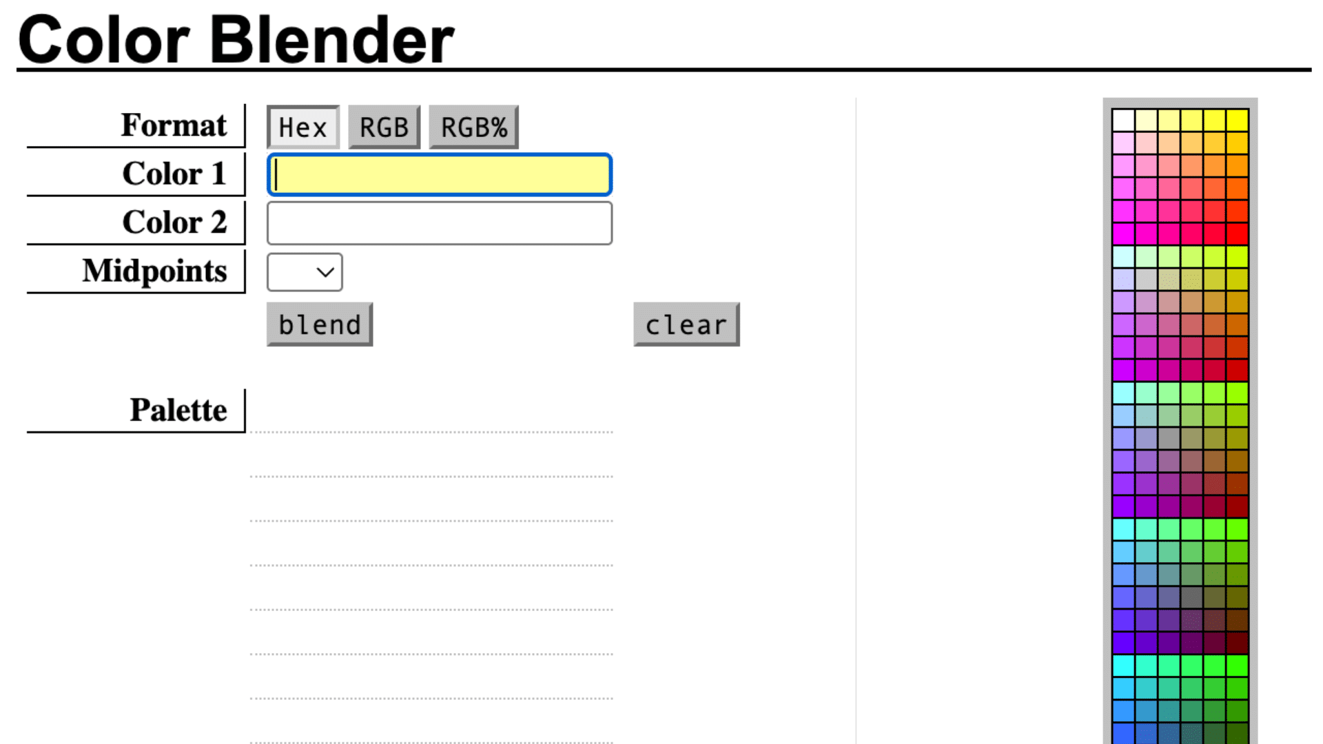 meyerweb color blender app used for mixing colors showing input fields instructions and a grid of color swatches