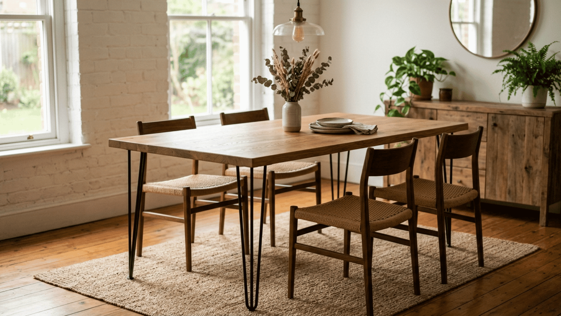 minimal dining room with wooden table woven chairs pendant light and plants beside large bright windows