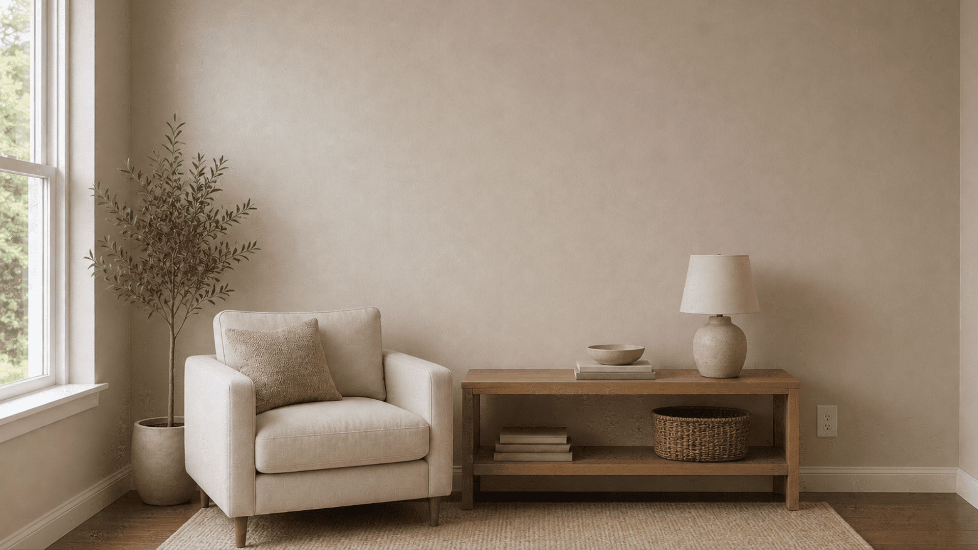 minimal living room with beige painted wall wooden furniture soft lighting and modern neutral decor