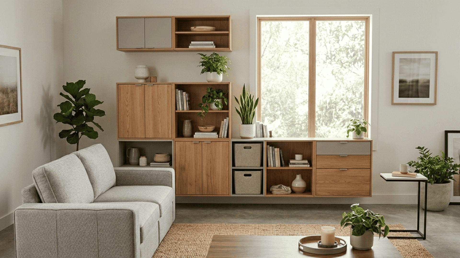 minimal living room with gray sofa wooden storage cabinets indoor plants and large window with natural light