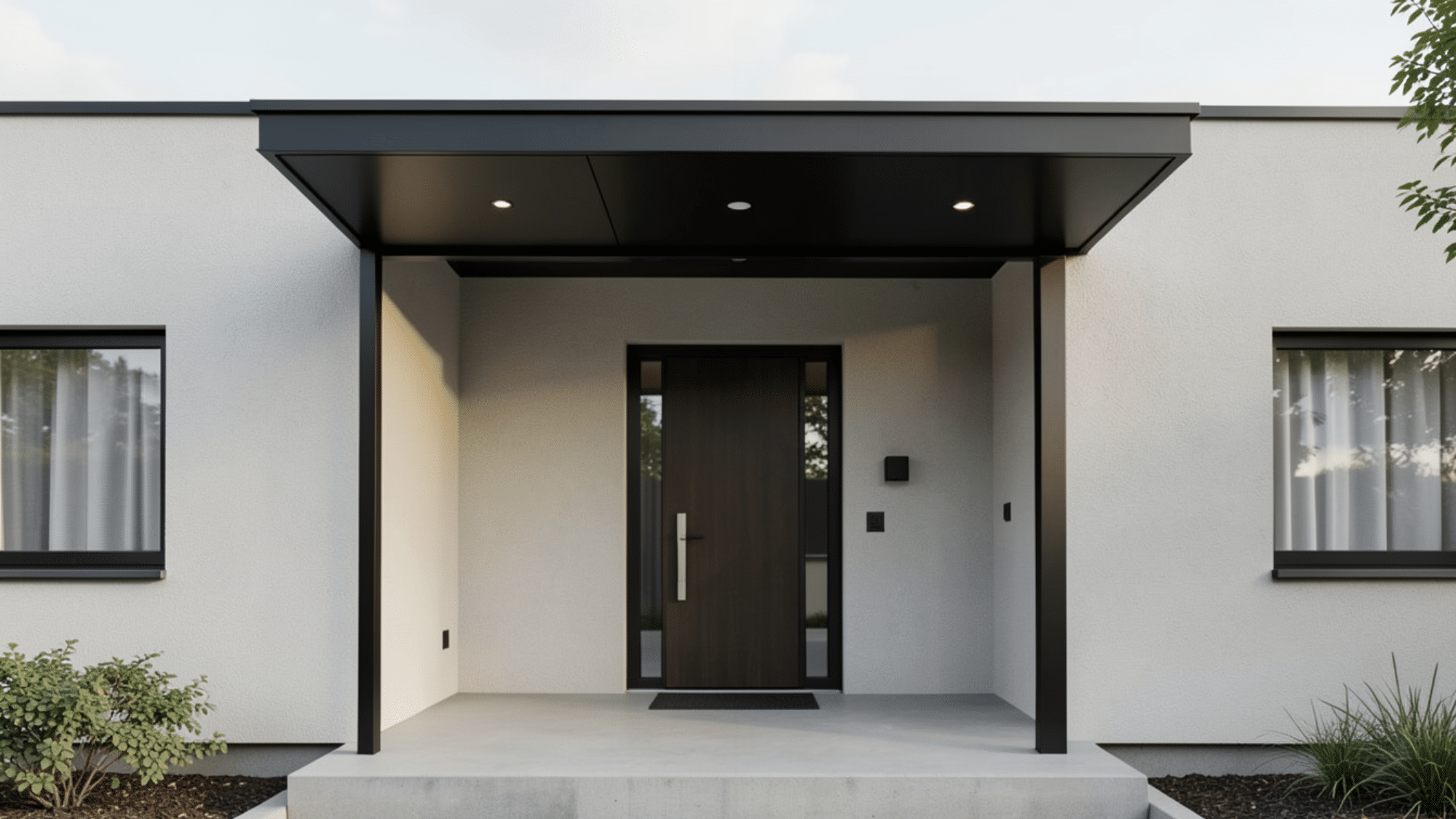 minimalist black metal design showcasing front porch overhang ideas with sleek lines modern structure and a bold entryway