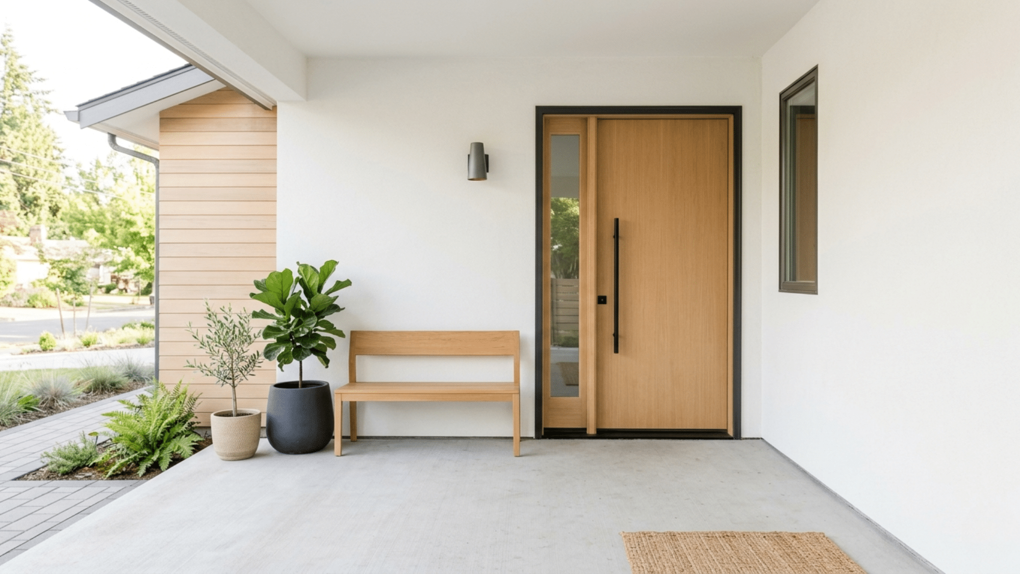 minimalist front porch with wood bench potted plants and a modern natural wood door in a clean neutral setting