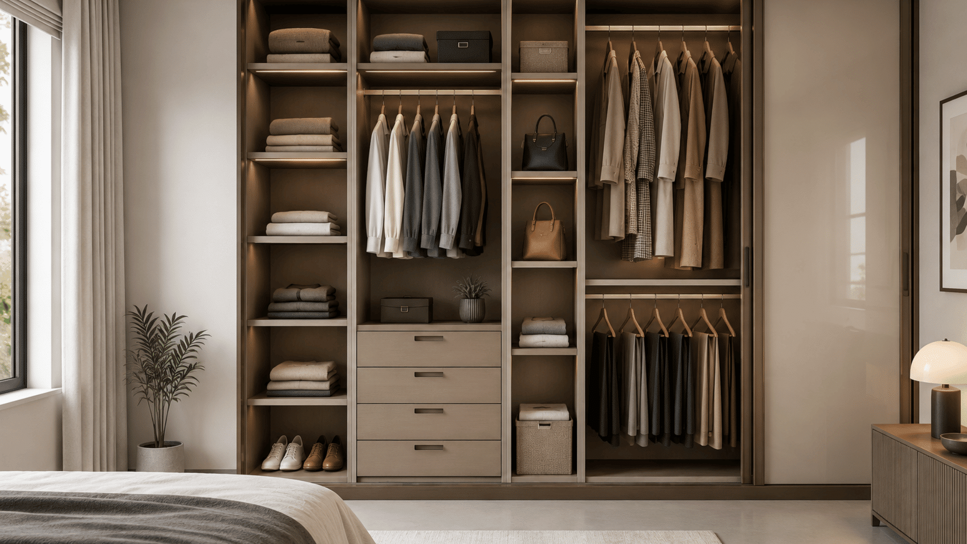 modern bedroom with organized walk in wardrobe featuring hanging clothes shelves drawers and warm ambient lighting