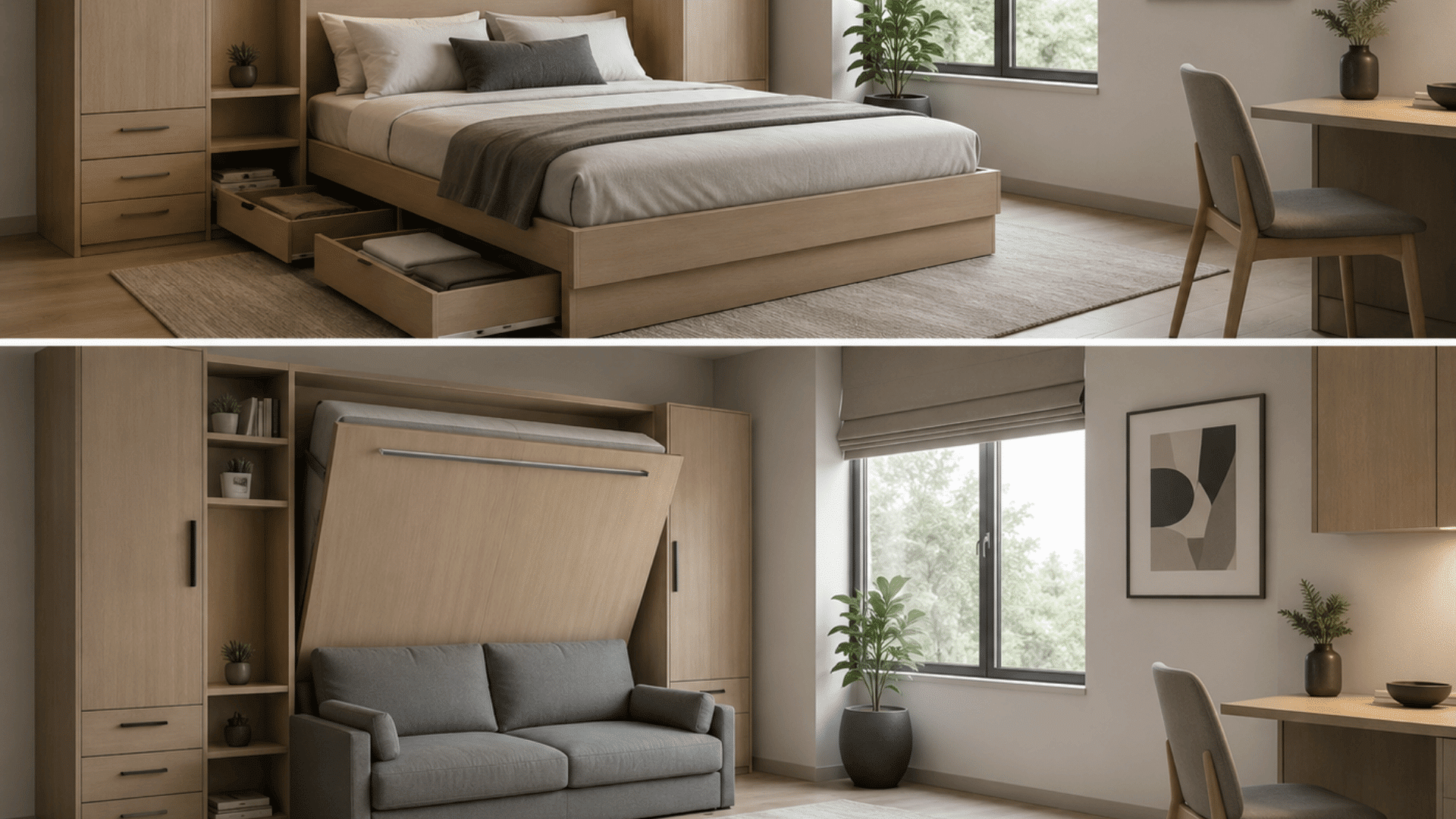 modern bedroom with space saving wall bed transforming into gray sofa beside shelves and wooden storage cabinets
