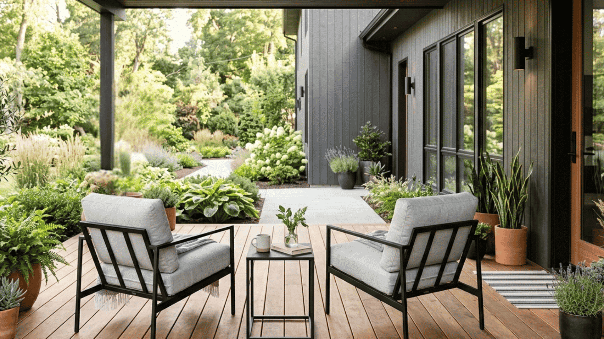 modern covered patio with black chairs wooden deck and lush garden surrounding dark exterior home