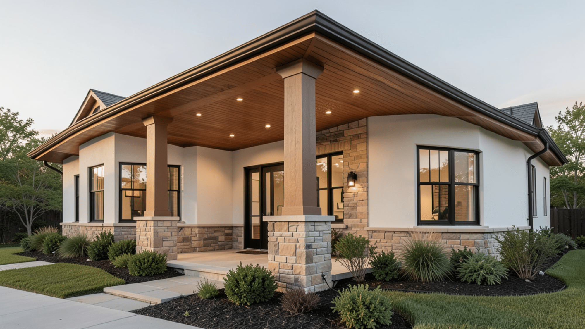 modern craftsman home with stone base porch columns and a wide roof extension featuring elegant front porch overhang ideas outdoors