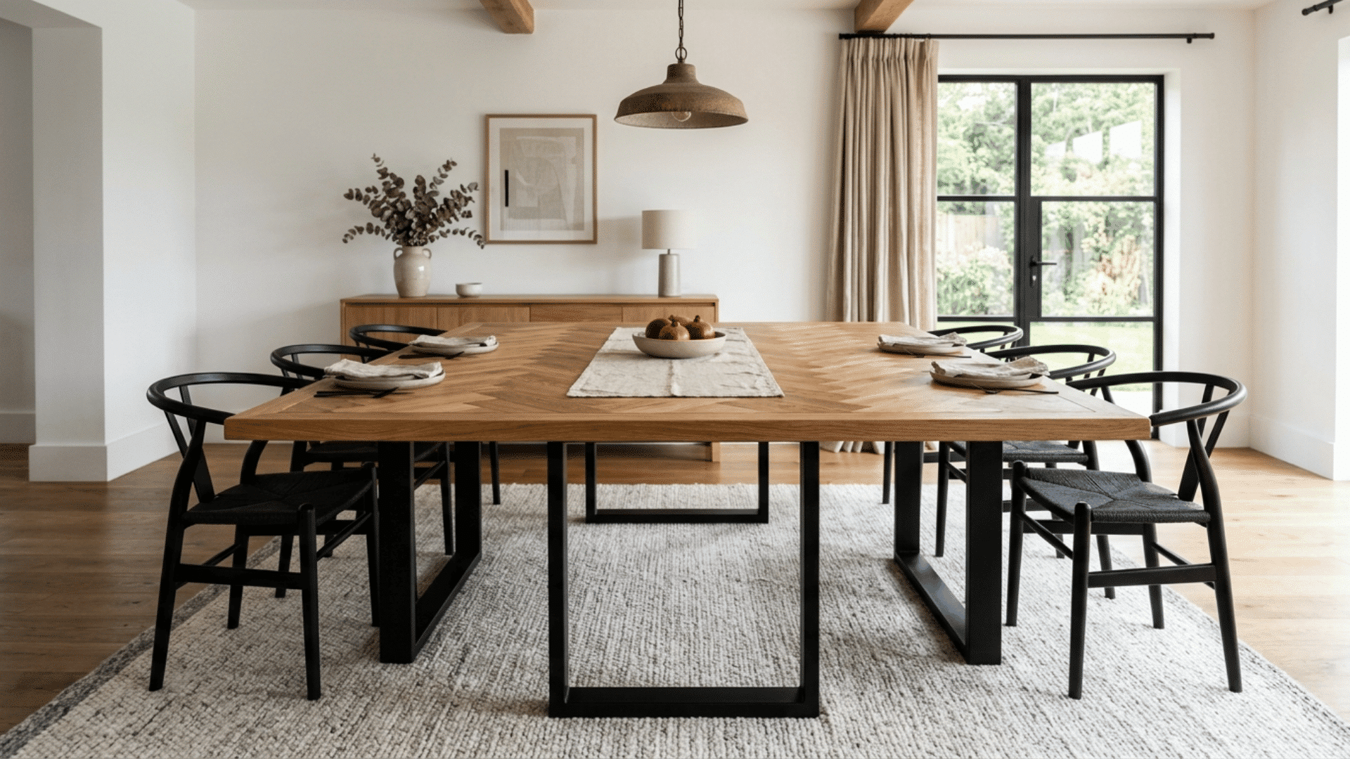 modern dining room with large wooden table black chairs and soft natural light through glass patio doors