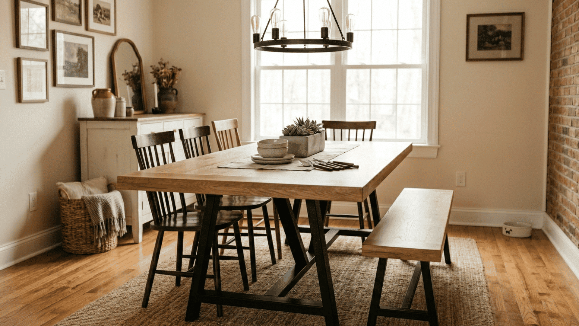 modern dining room with wooden table black chairs bench seating and large windows beside brick accent wall