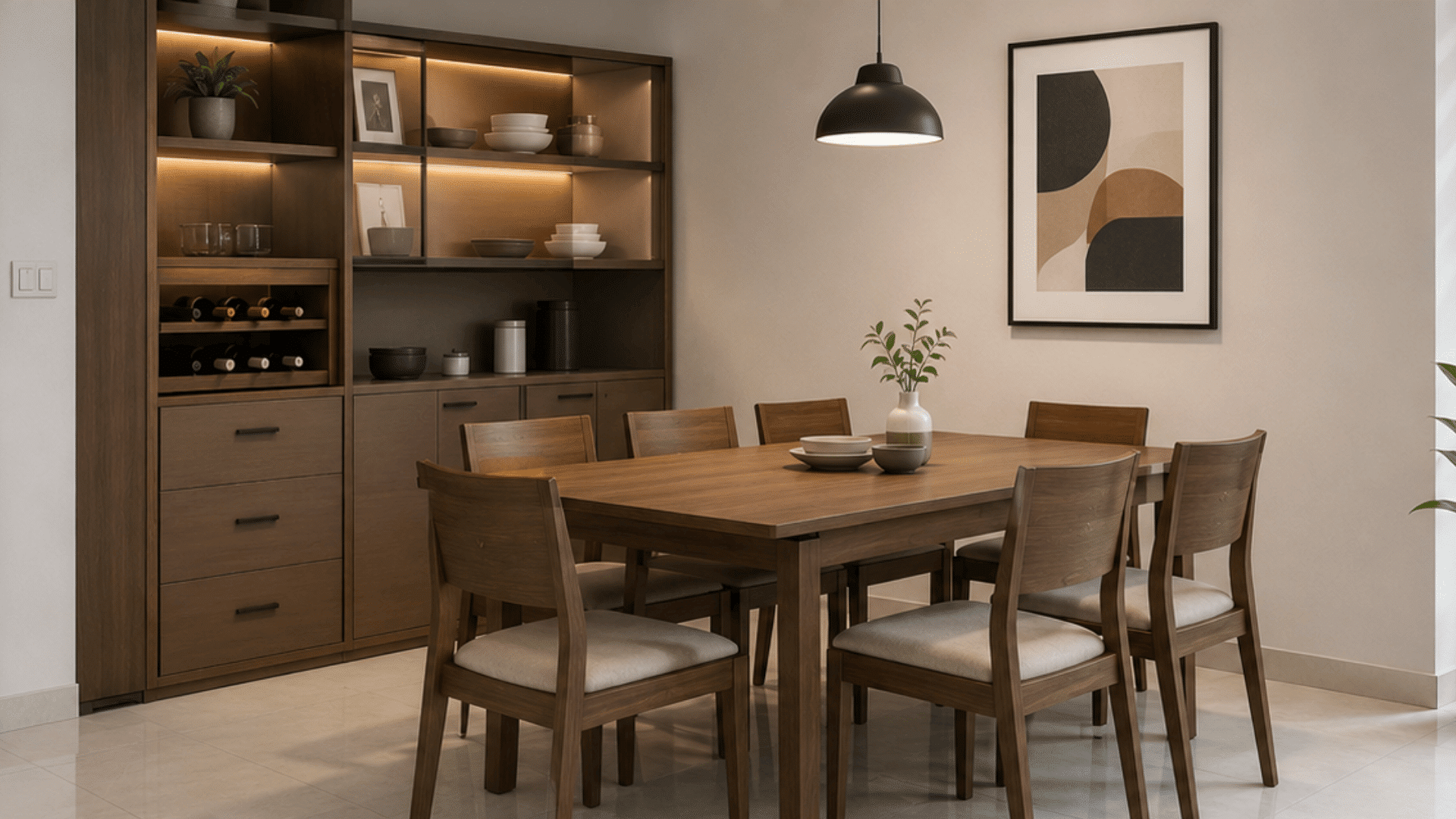 modern dining room with wooden table chairs and storage cabinet featuring foldable furniture and warm lighting