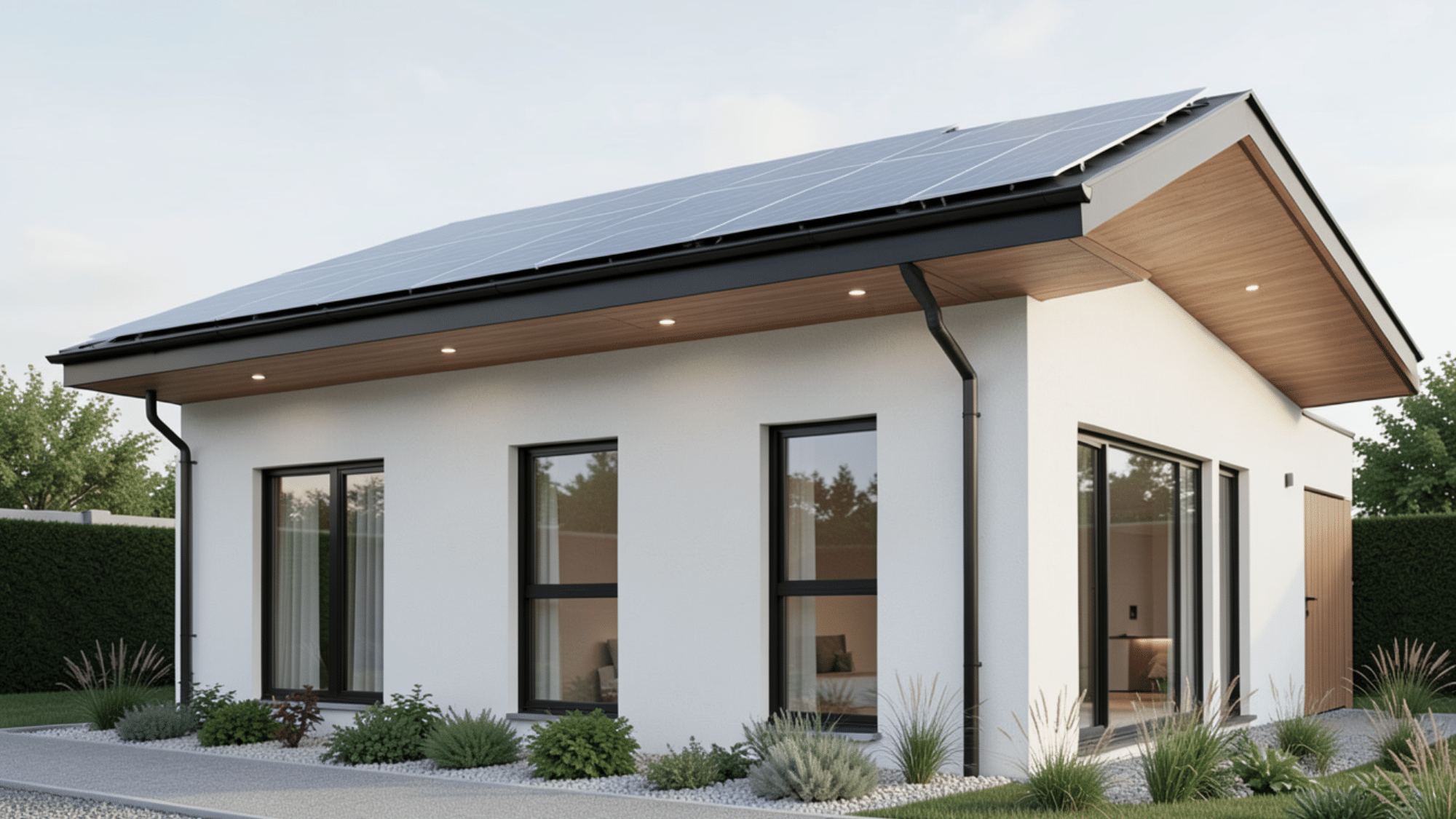 modern eco friendly home with rooftop solar panels and sleek roof extension featuring smart front porch overhang ideas outdoors
