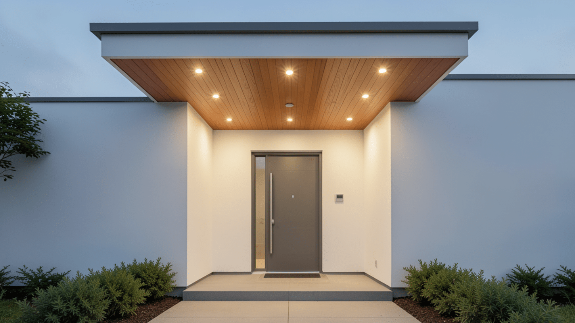 modern entry with recessed ceiling lights under a flat overhang showcasing sleek front porch overhang ideas for lighting