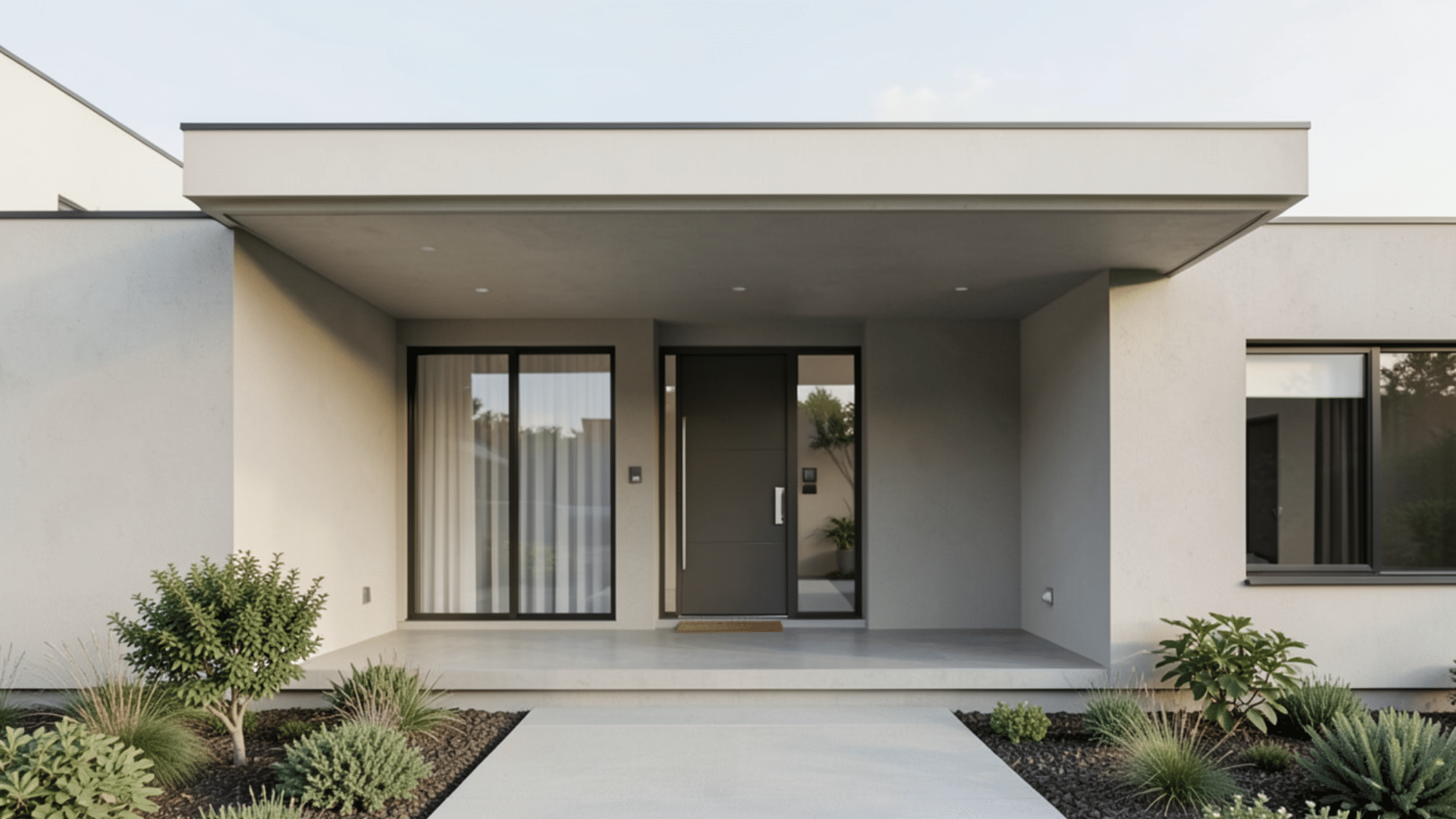 modern flat roof design highlighting front porch overhang ideas with clean lines neutral tones and a sleek minimalist entryway