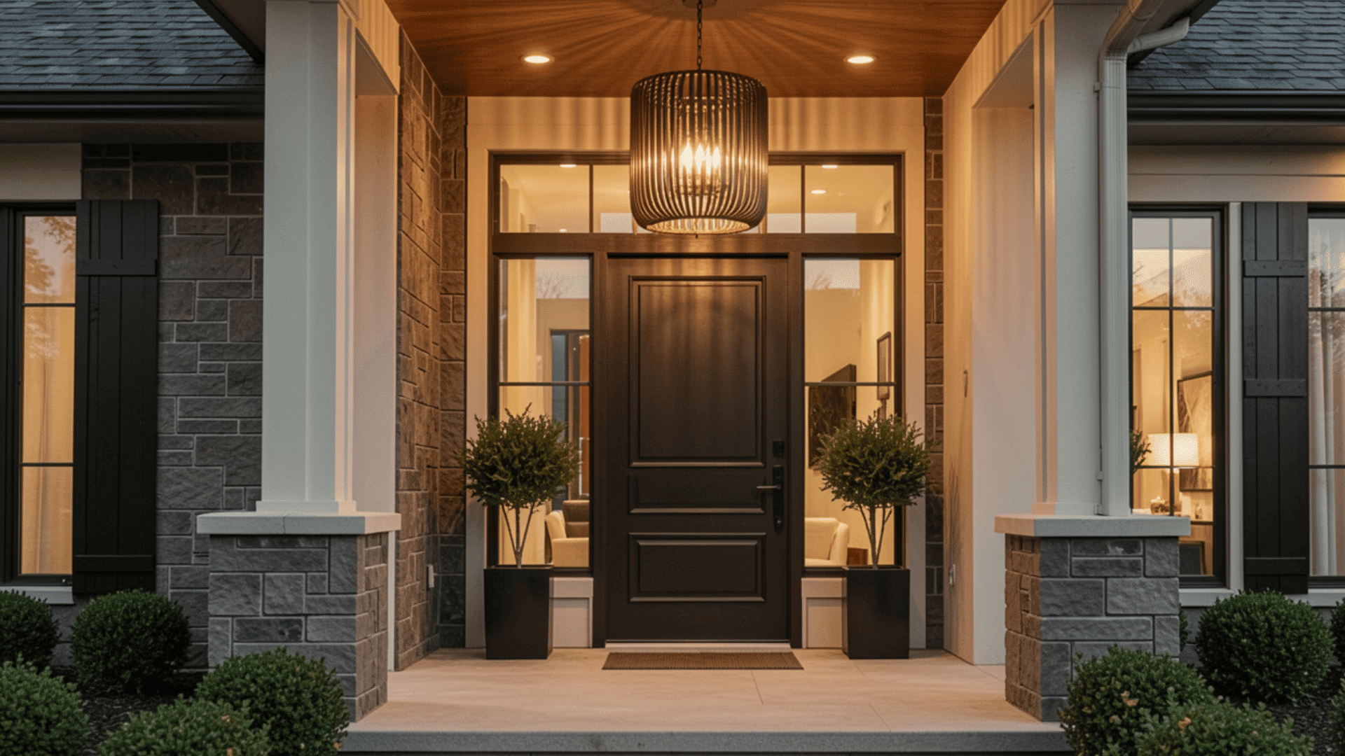 modern front entrance with black door glowing pendant light and stone exterior columns