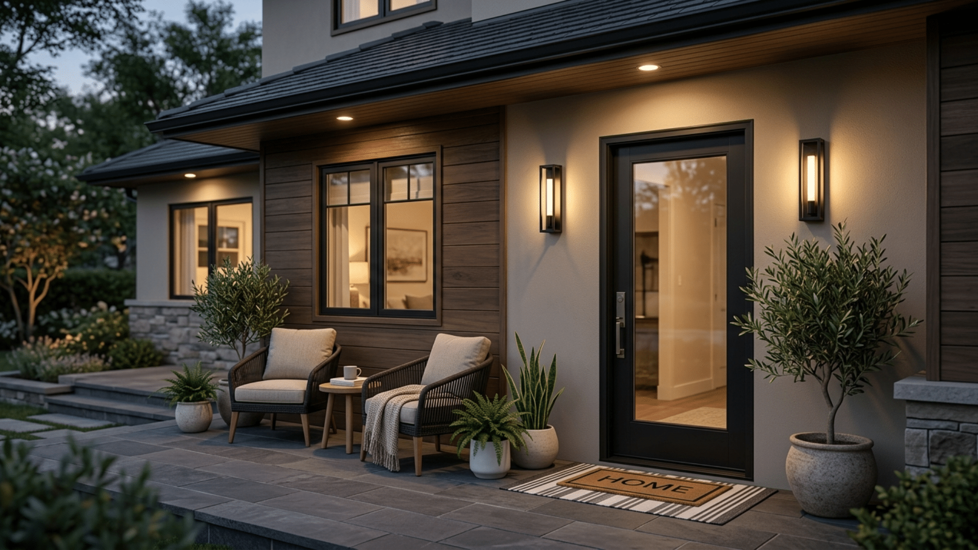 modern front porch with stylish wall sconces casting warm light creating a cozy and elegant space with smart front porch ideas