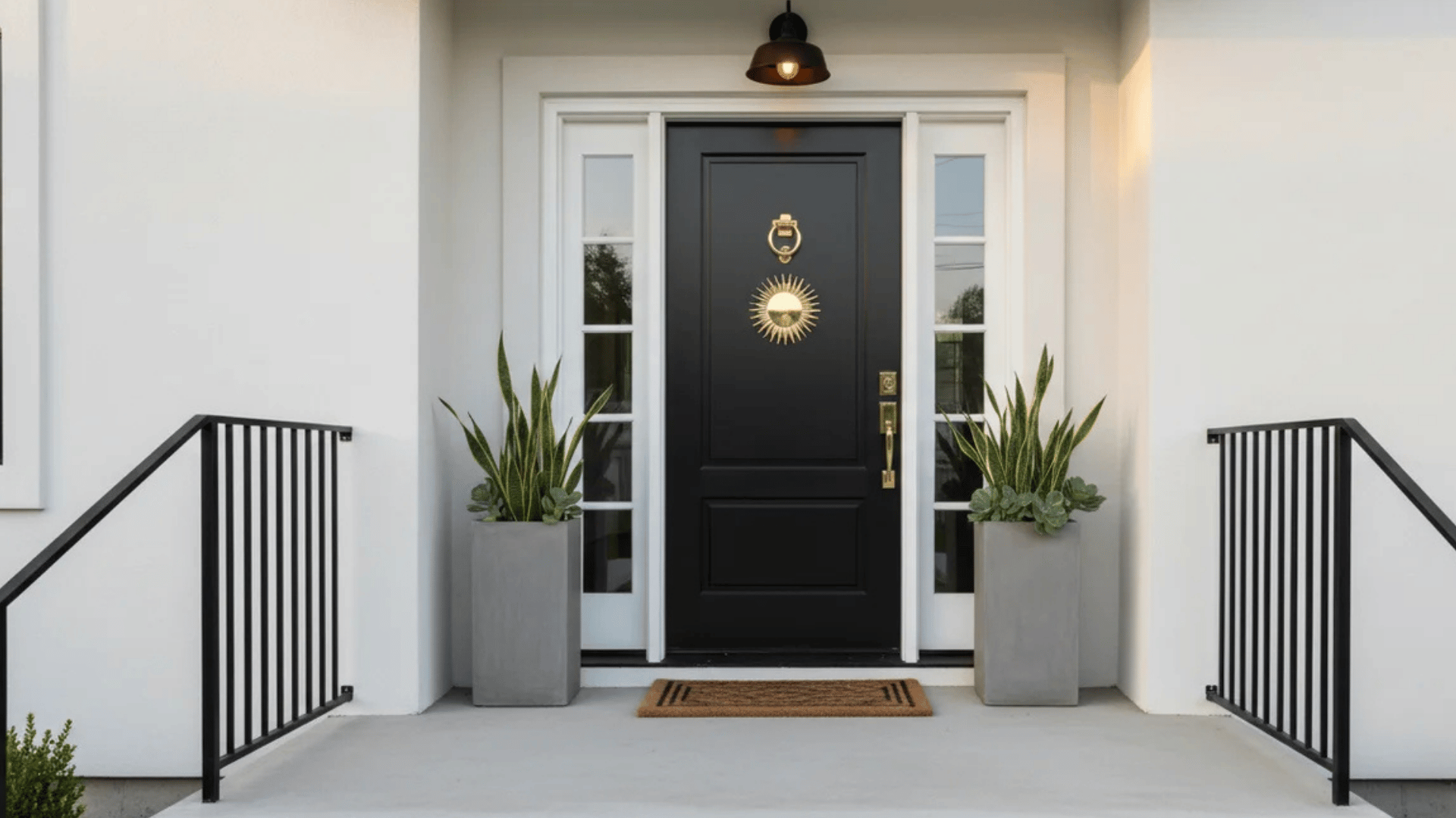 modern home entrance with black front door potted plants and clean white exterior walls