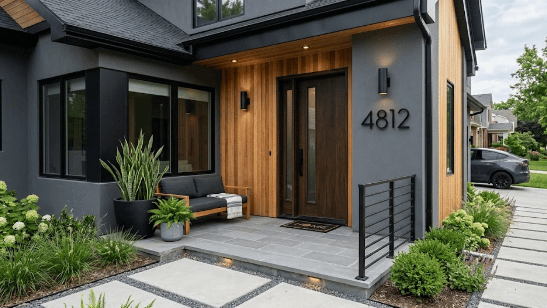 modern home entrance with wood accents black door and landscaped front walkway
