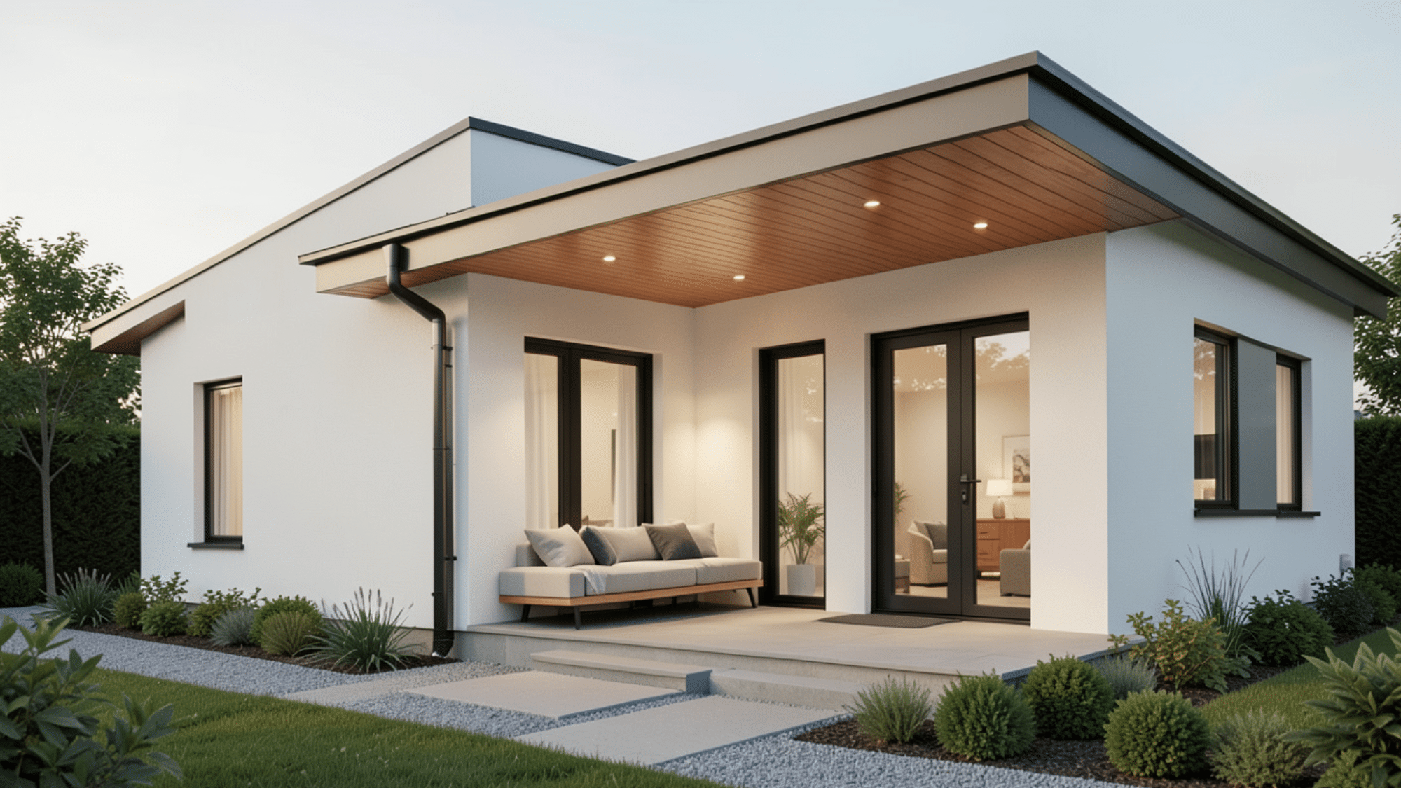 modern home with a covered built in bench seating area under a sleek roof extension featuring cozy front porch overhang ideas outdoors