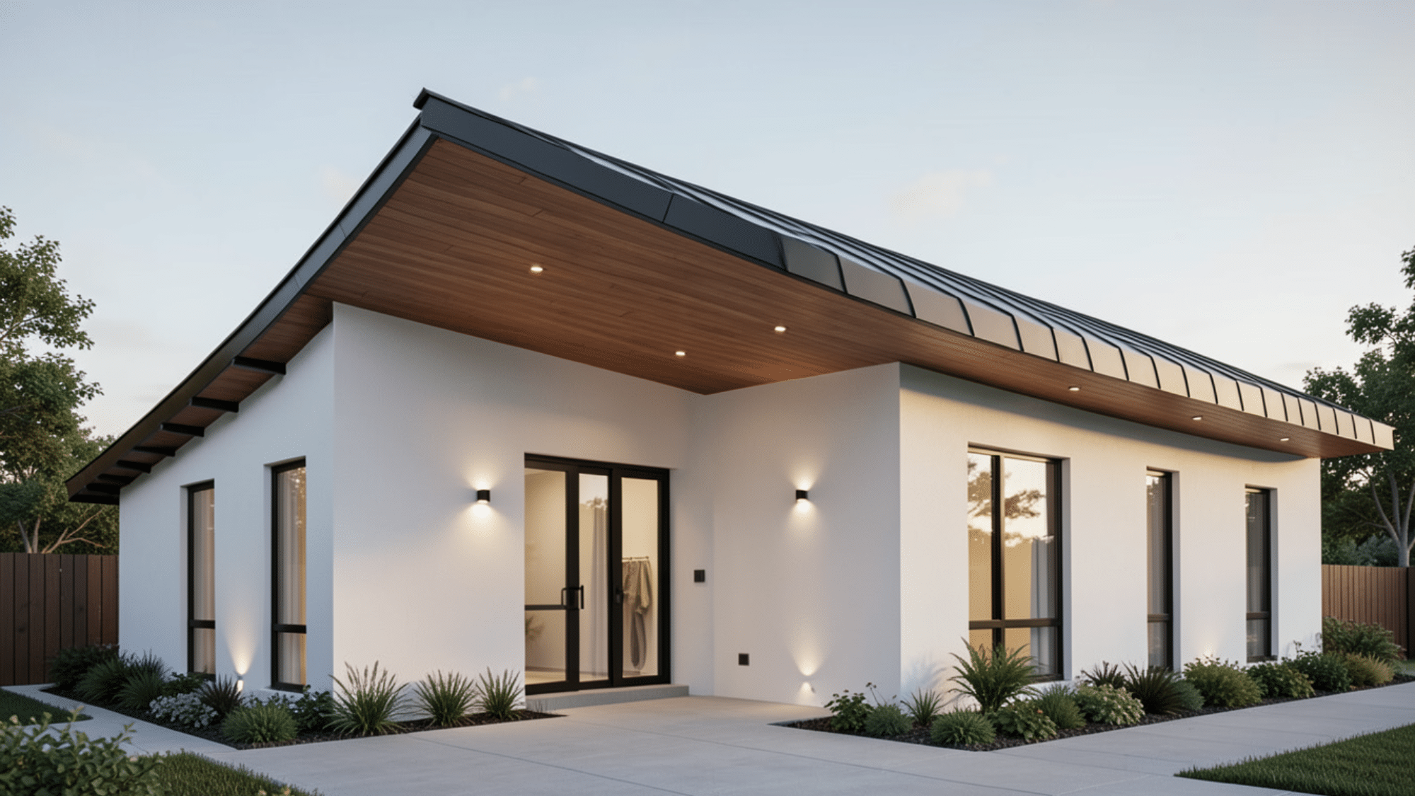 modern home with a curved metal roof extension and warm wood soffit featuring sleek front porch overhang ideas outdoors