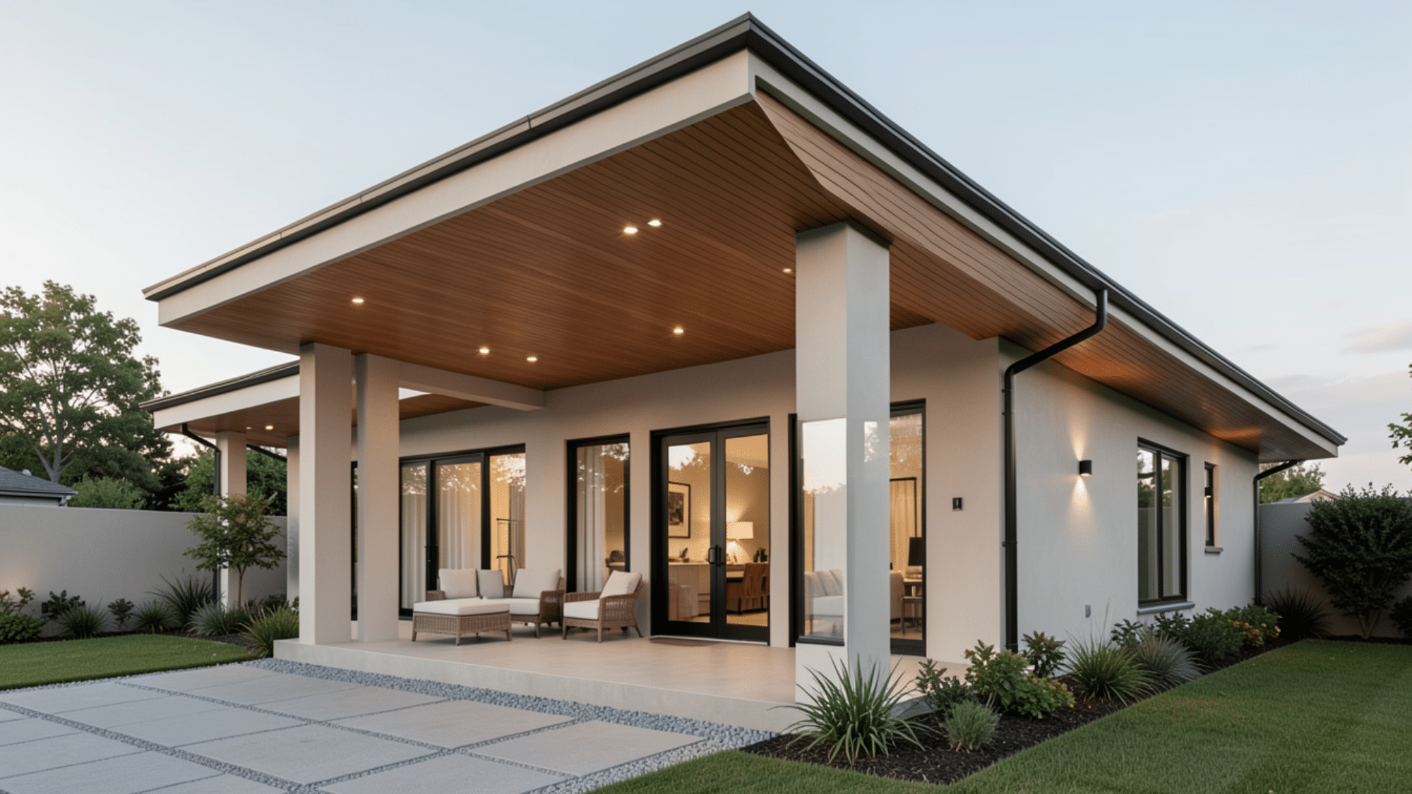 modern home with a spacious covered patio and extended roofline featuring elegant front porch overhang ideas outdoors
