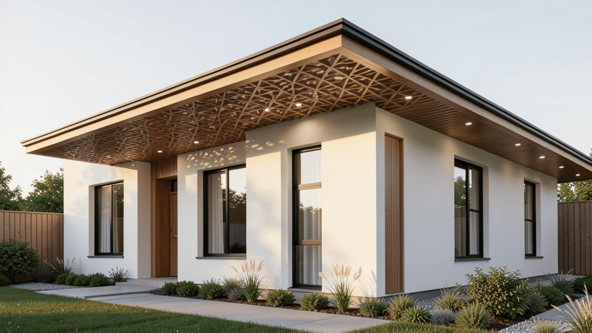 modern home with decorative lattice detailing under a sleek roof extension featuring elegant front porch overhang ideas outdoors