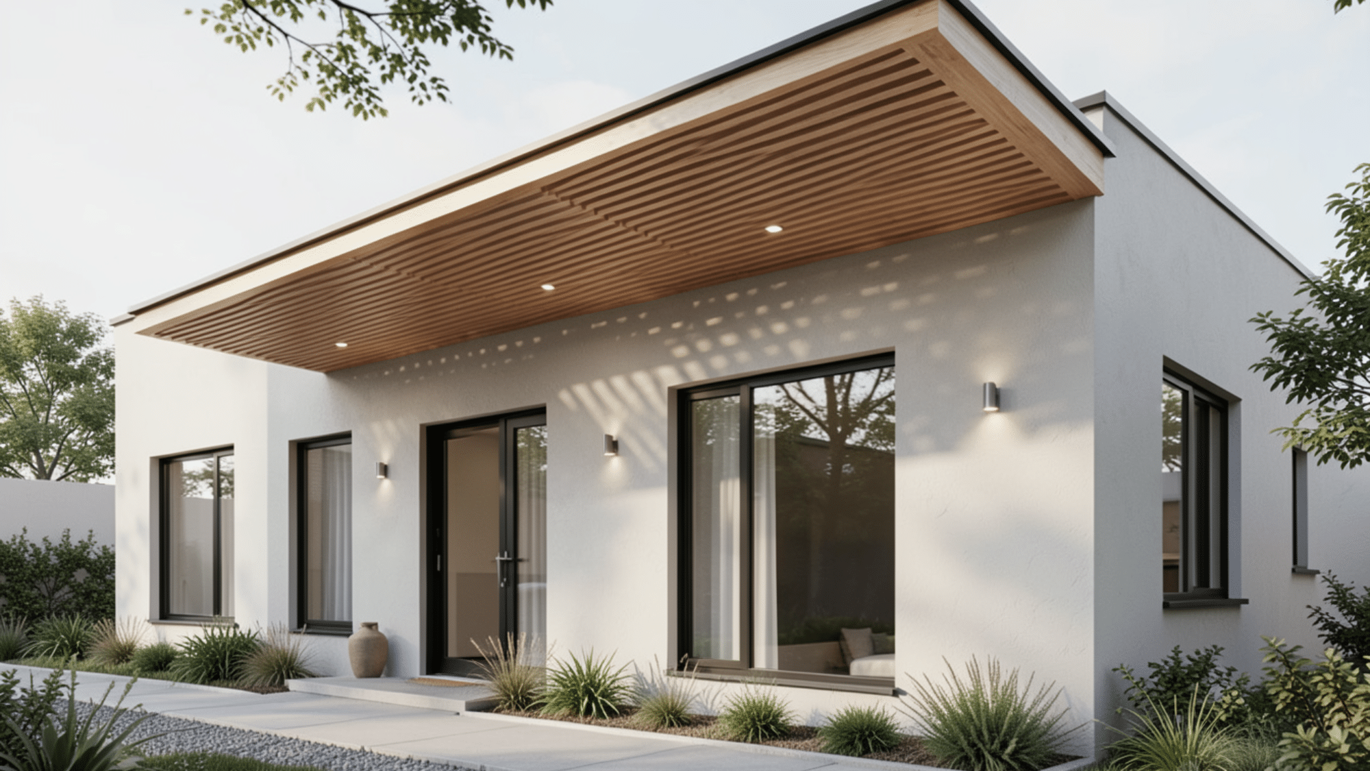 modern home with decorative wooden slats under a sleek roof extension featuring stylish front porch overhang ideas outdoors